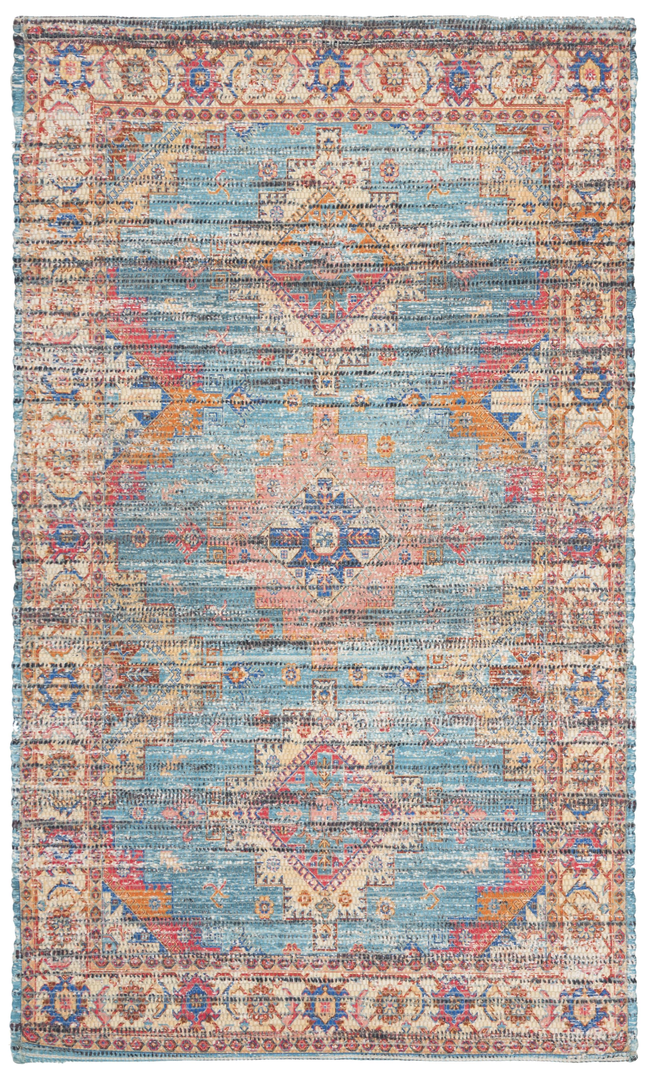 Saffron Blue and Rust Hand Loomed Cotton Area Rug