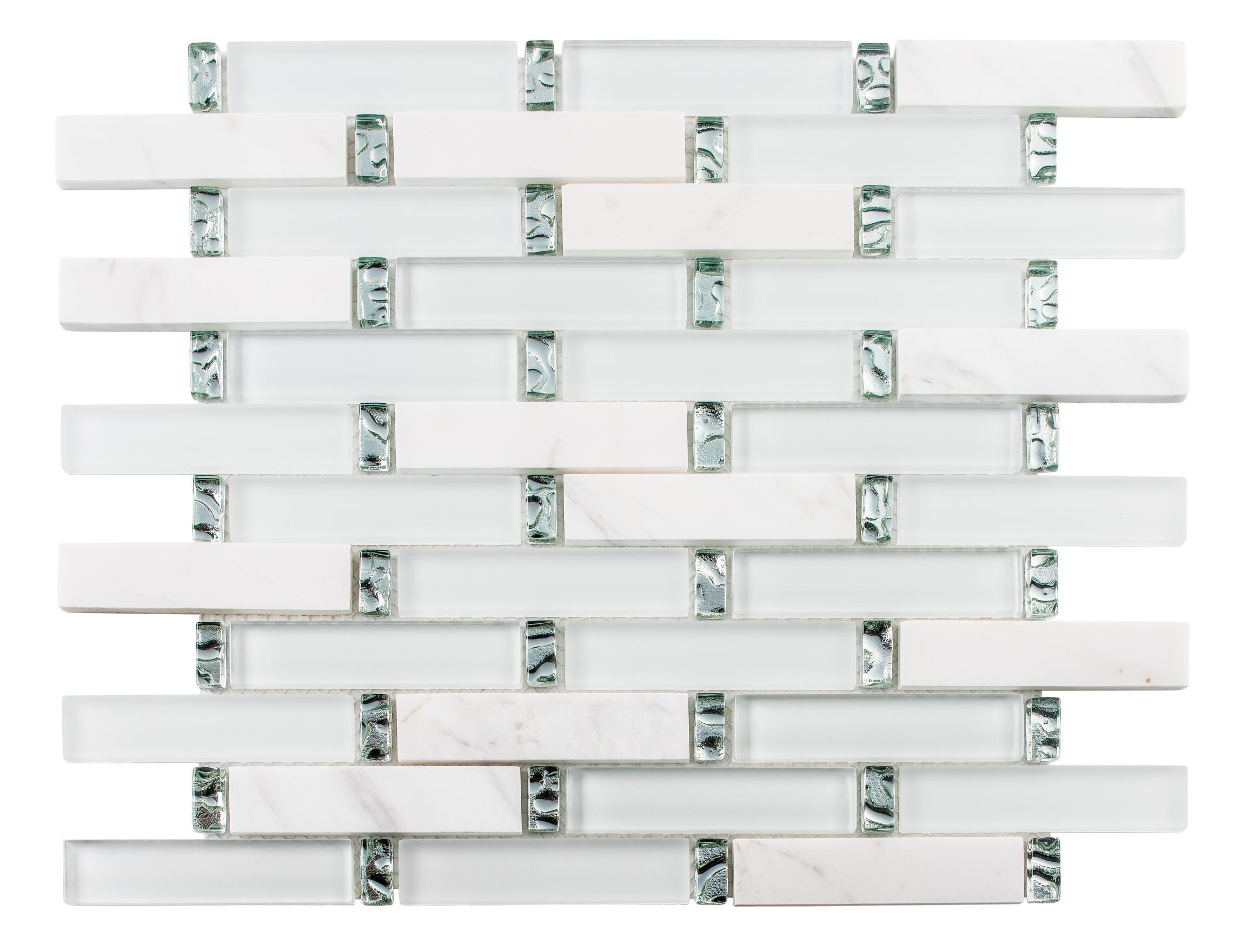 Saga 1" Glass and Marble Brick Joint Mosaic Kitchen Backsplash, Bathroom, Shower, Pool, Wall and Floor Tile