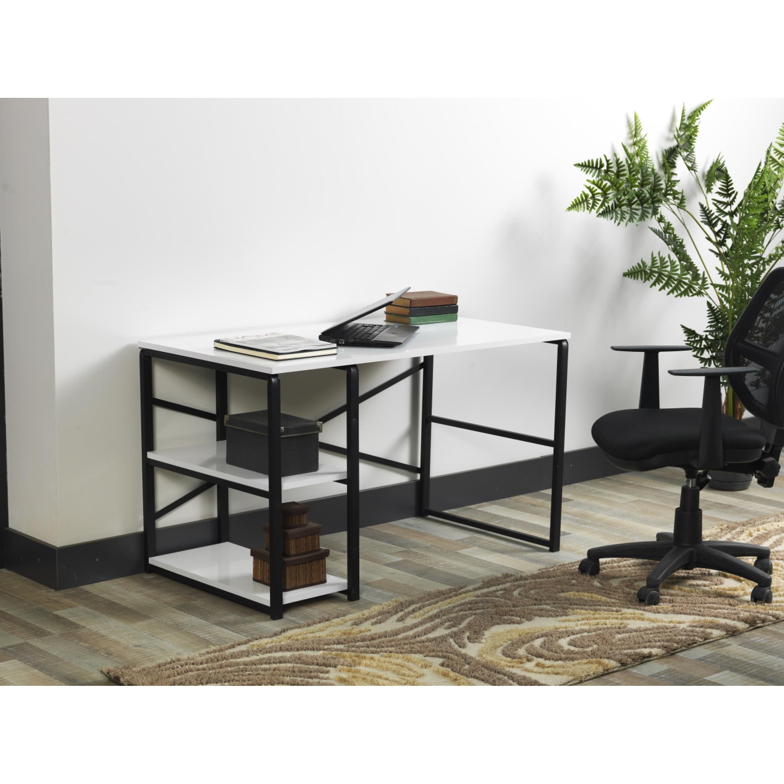 White Wood and Black Metal Frame Writing Desk with Shelves