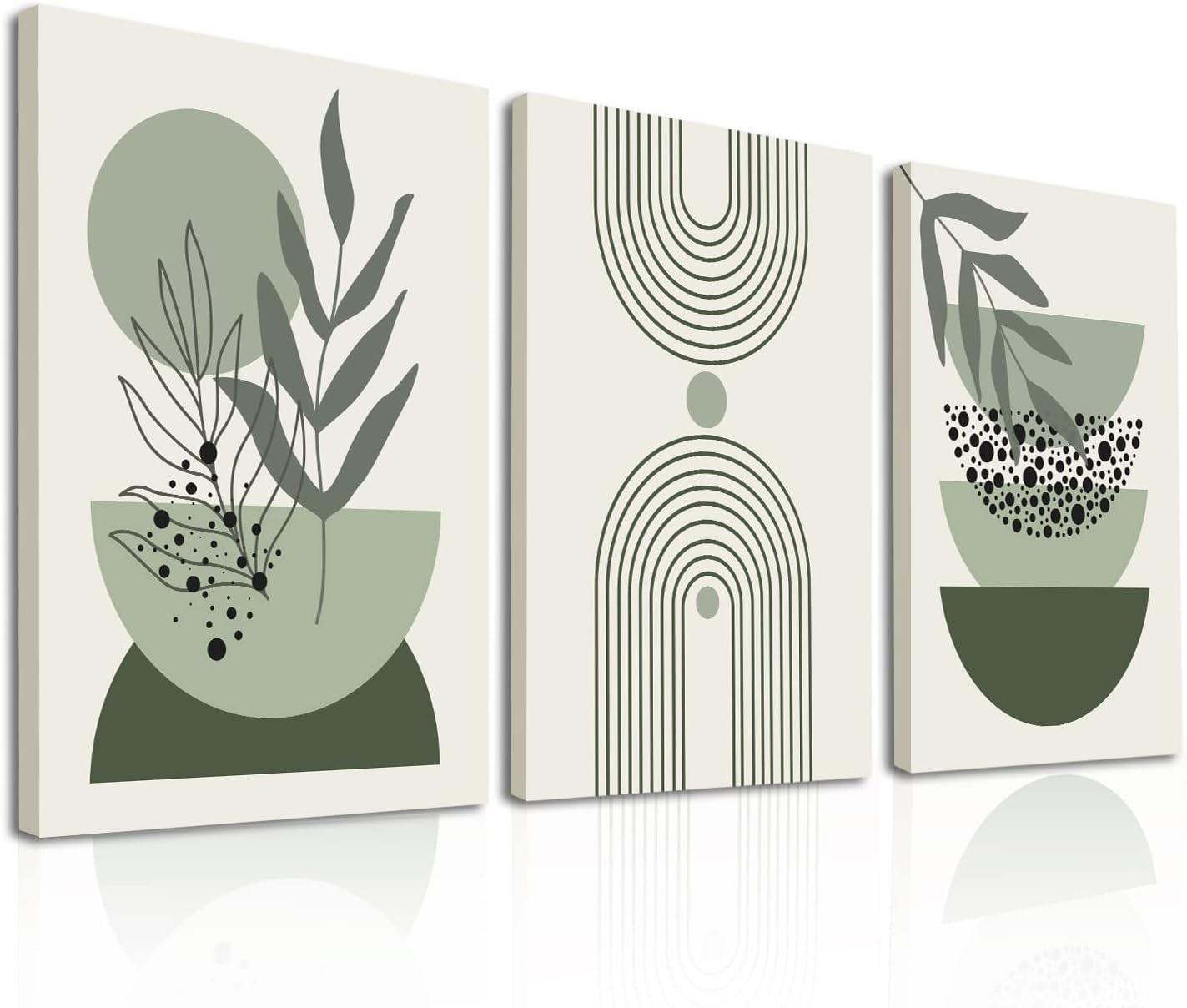 Sage Green Boho Wall Art Set of 3, Minimalist Framed Wall Art Geometric Line Leaf Sun Moon Beige Green Canvas Artwork Paintings, Abstract Botanical Boho Room Decor, Sage Green Wall Posters 12"x16"