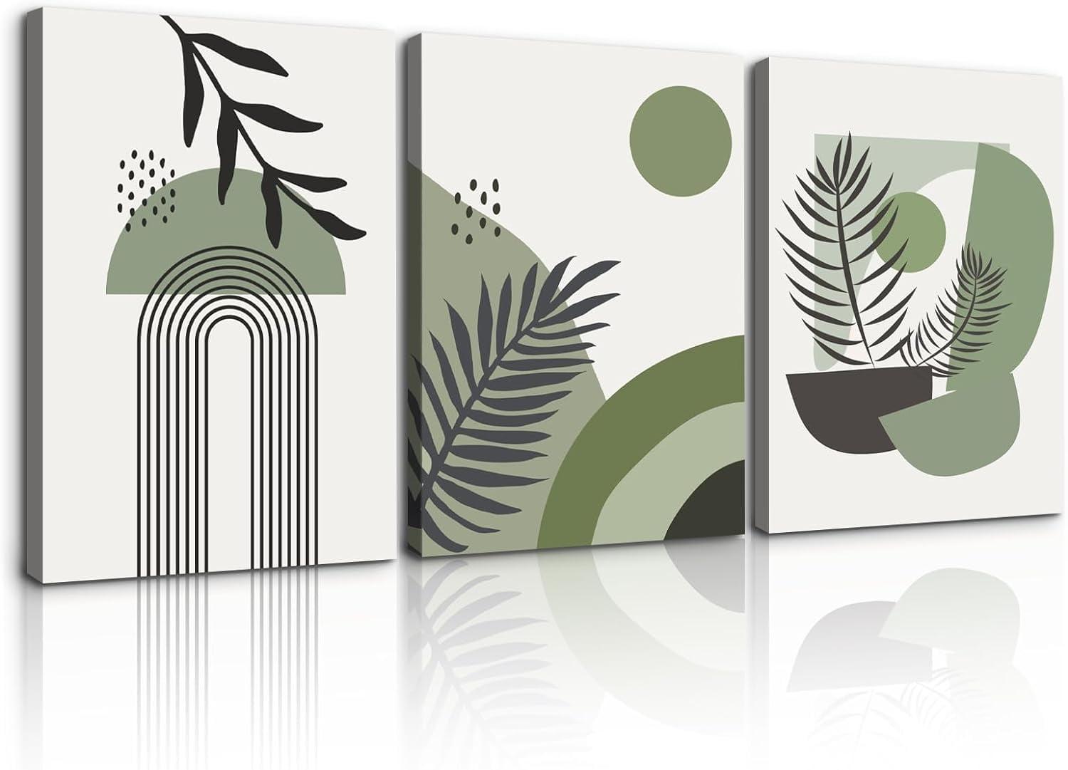 Sage Green Boho Wall Art Set of 3, Minimalist Framed Wall Art Geometric Line Leaf Sun Moon Beige Green Canvas Artwork Paintings, Abstract Botanical Boho Room Decor, Sage Green Wall Posters 12"x16"