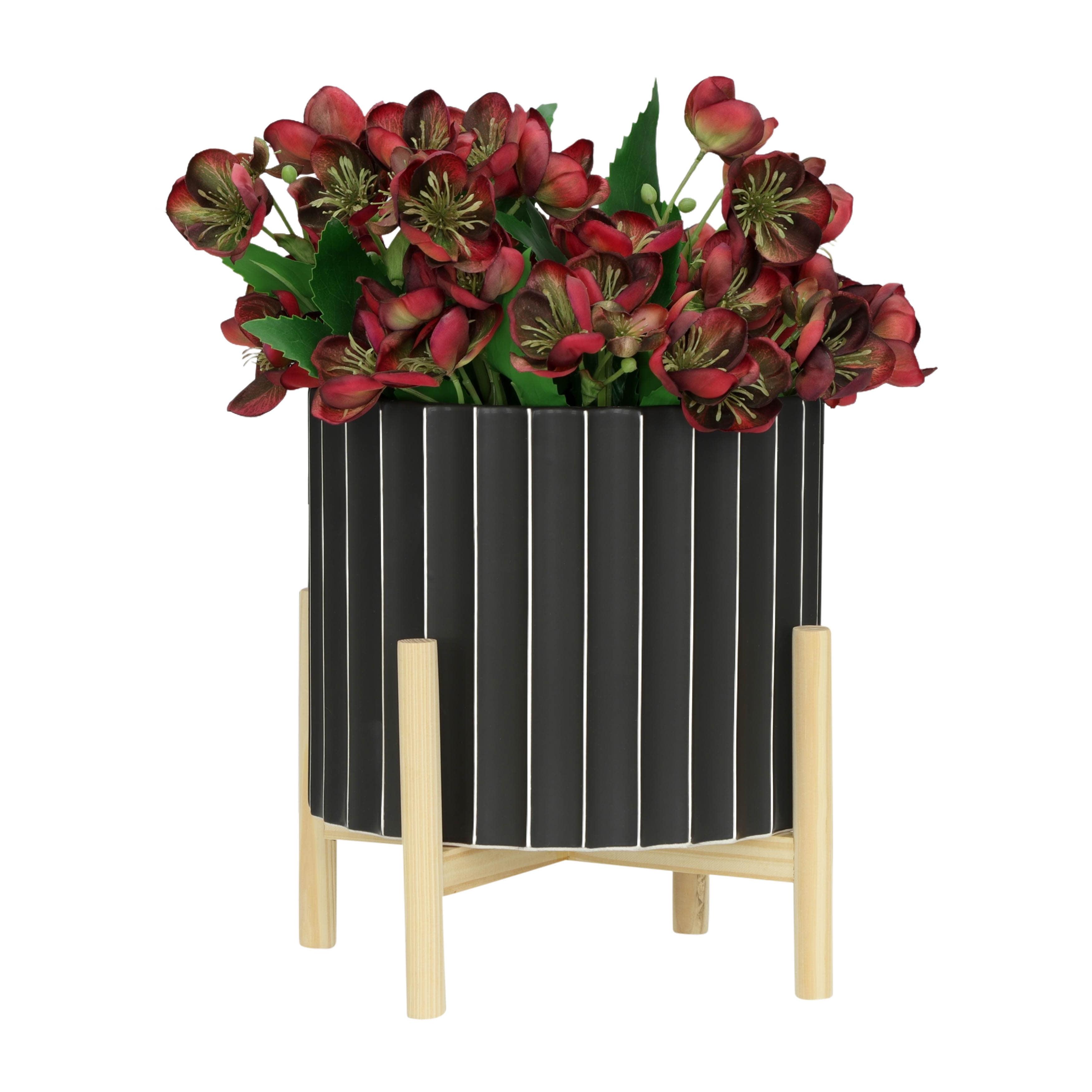 Contemporary Black Ceramic Fluted Planter with Wood Stand, 10"x11"