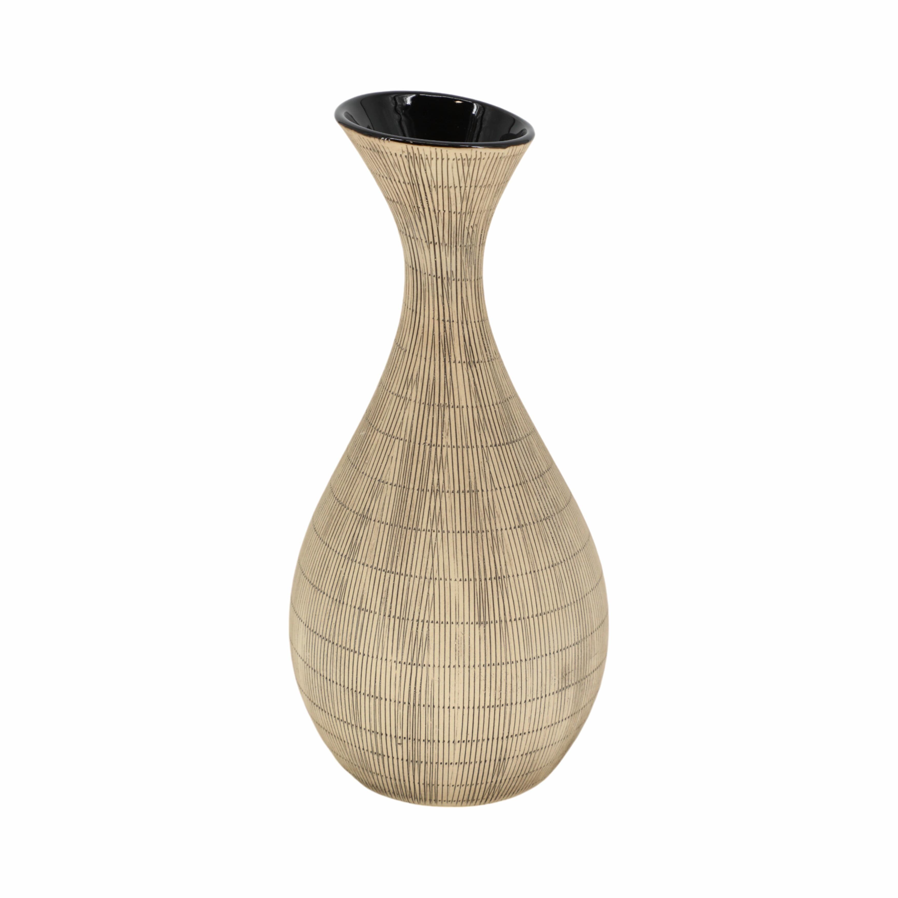 Beige Ceramic 13" Tall Table Vase with Wood Design