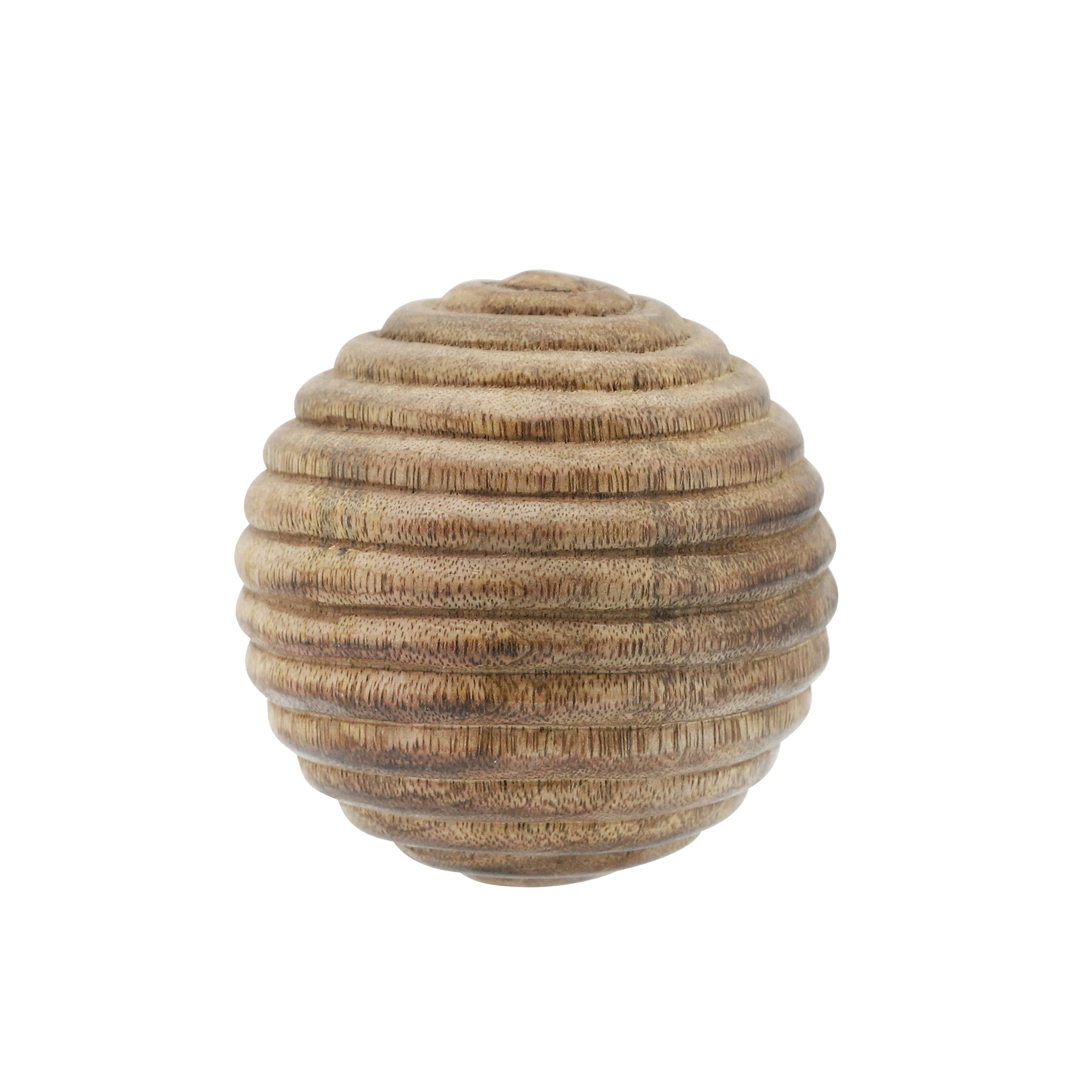 Natural Brown Ridged Wooden Orb Figurine, 4-inch