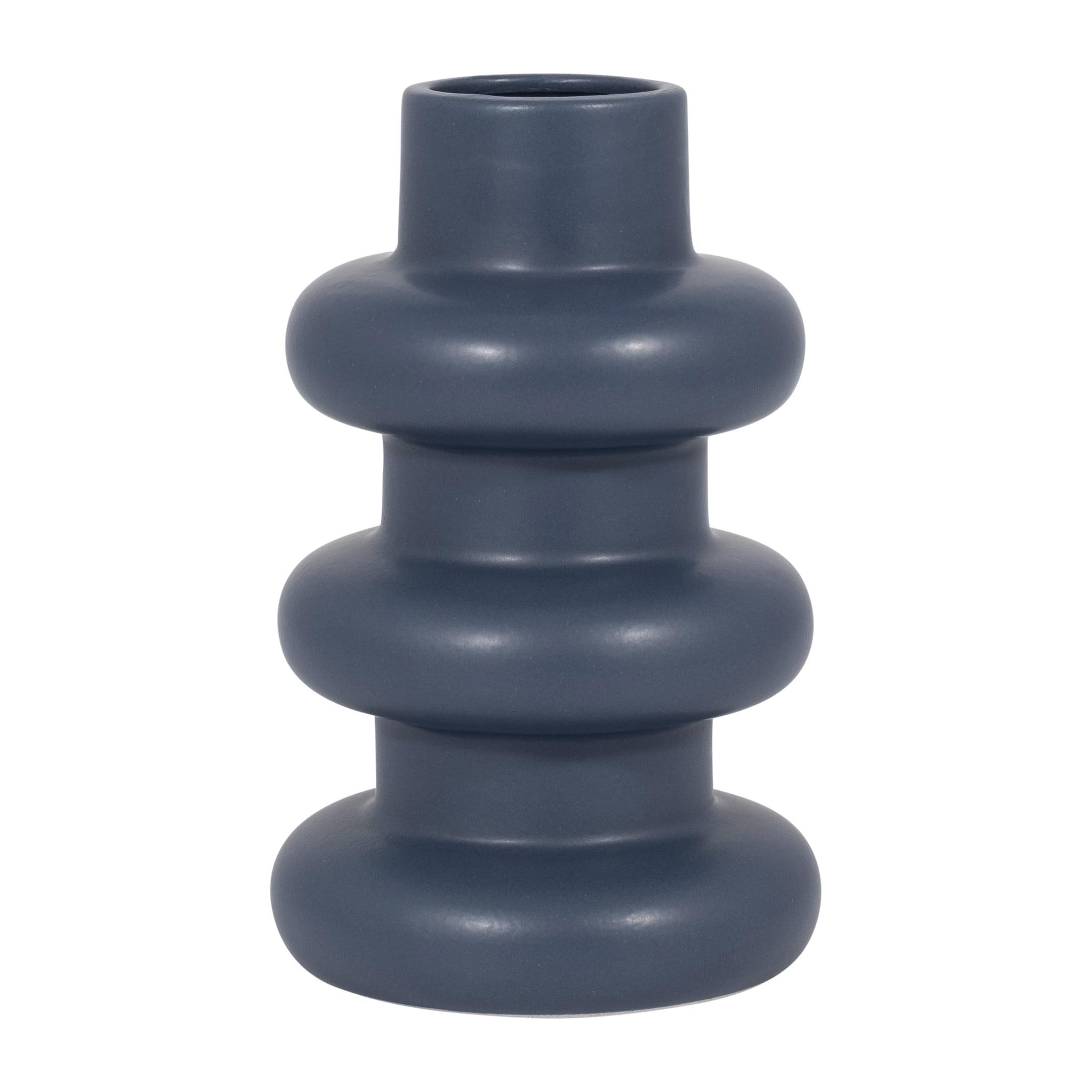 Navy Blue Ribbed Ceramic Cylinder Vase, 8"