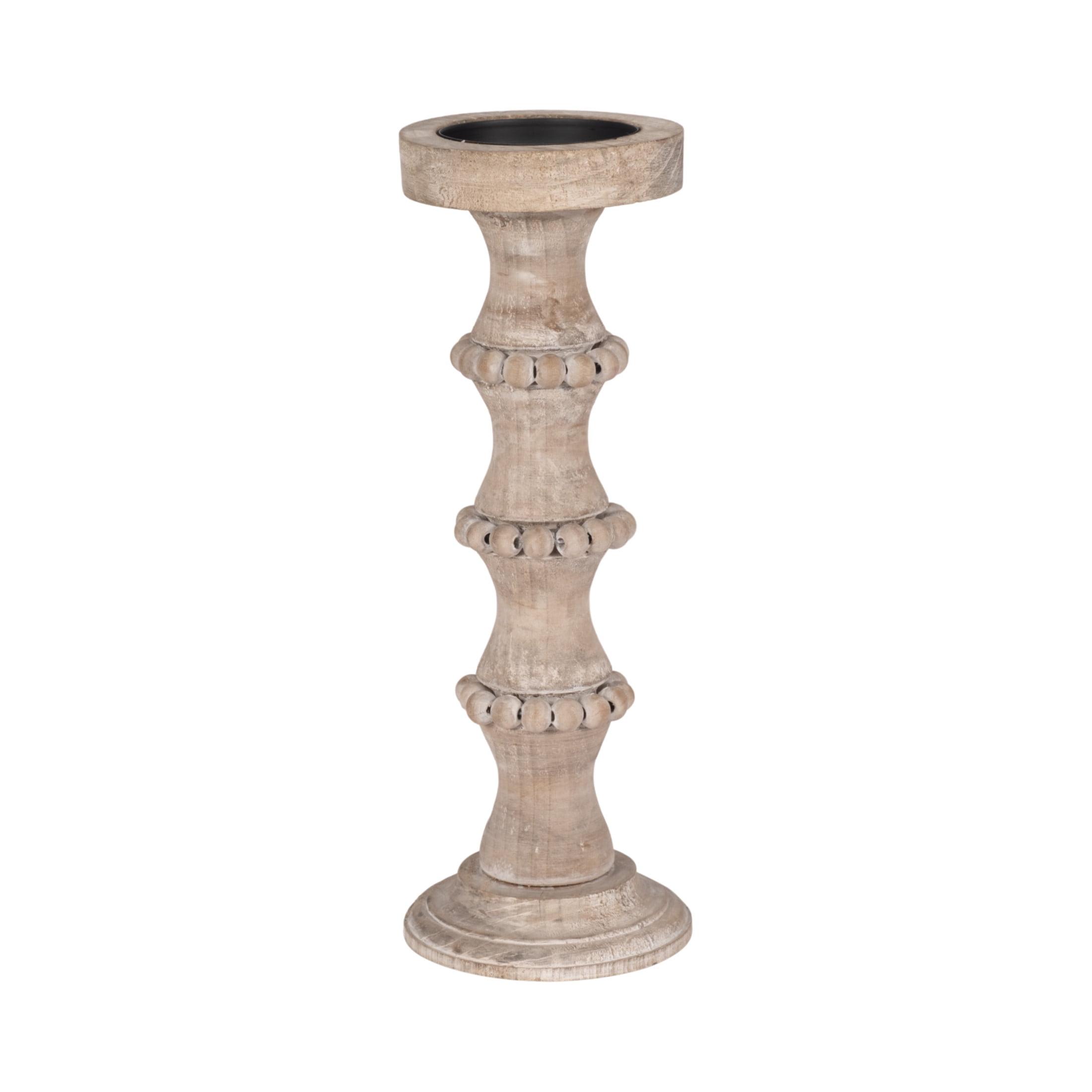 Wood Pillar Candle Holder with Decorative Beads, Antique Finish Candlestick for Home or Wedding Decor, Ivory/Beige