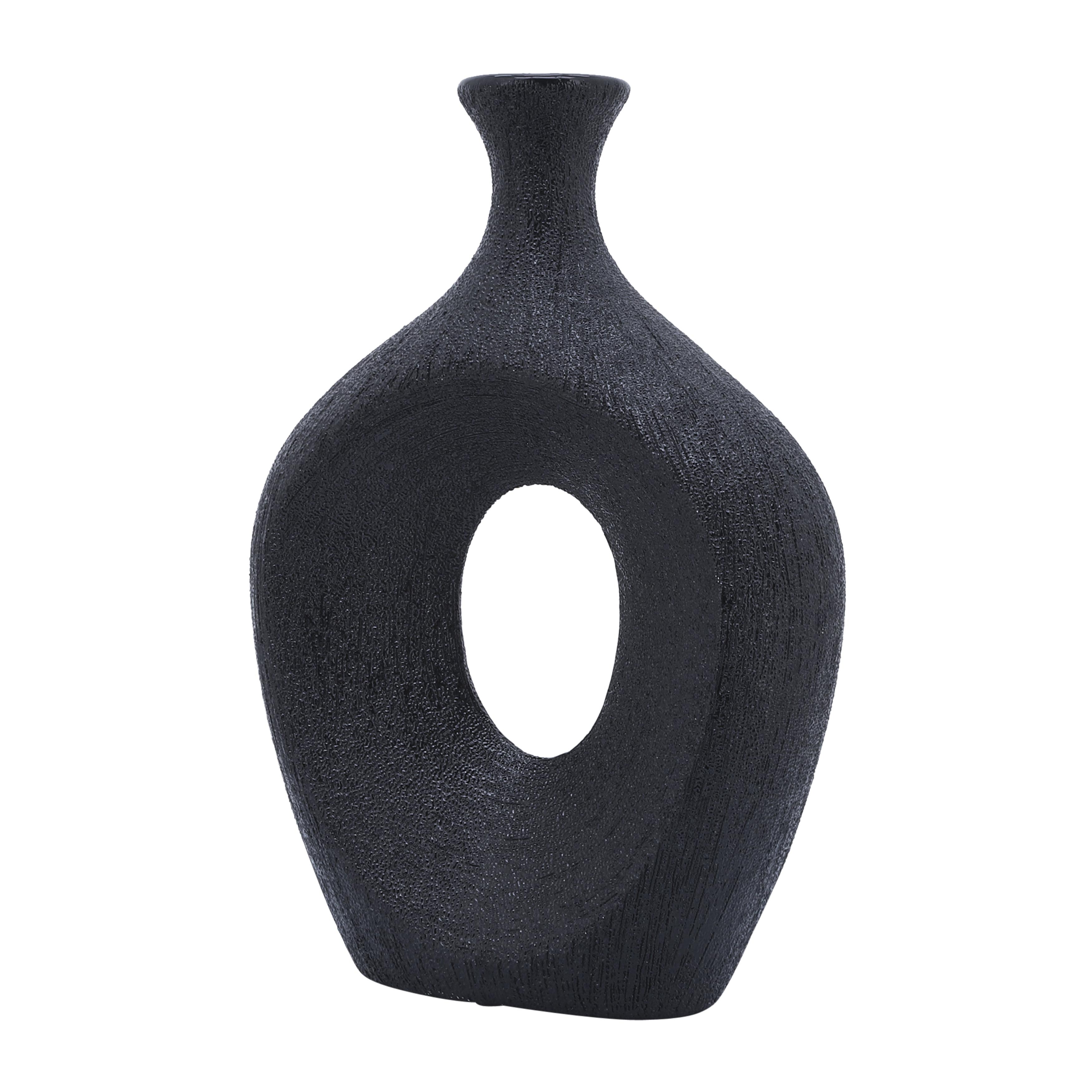 Black Ceramic Beaded Oval Vase with Cut-Out Design