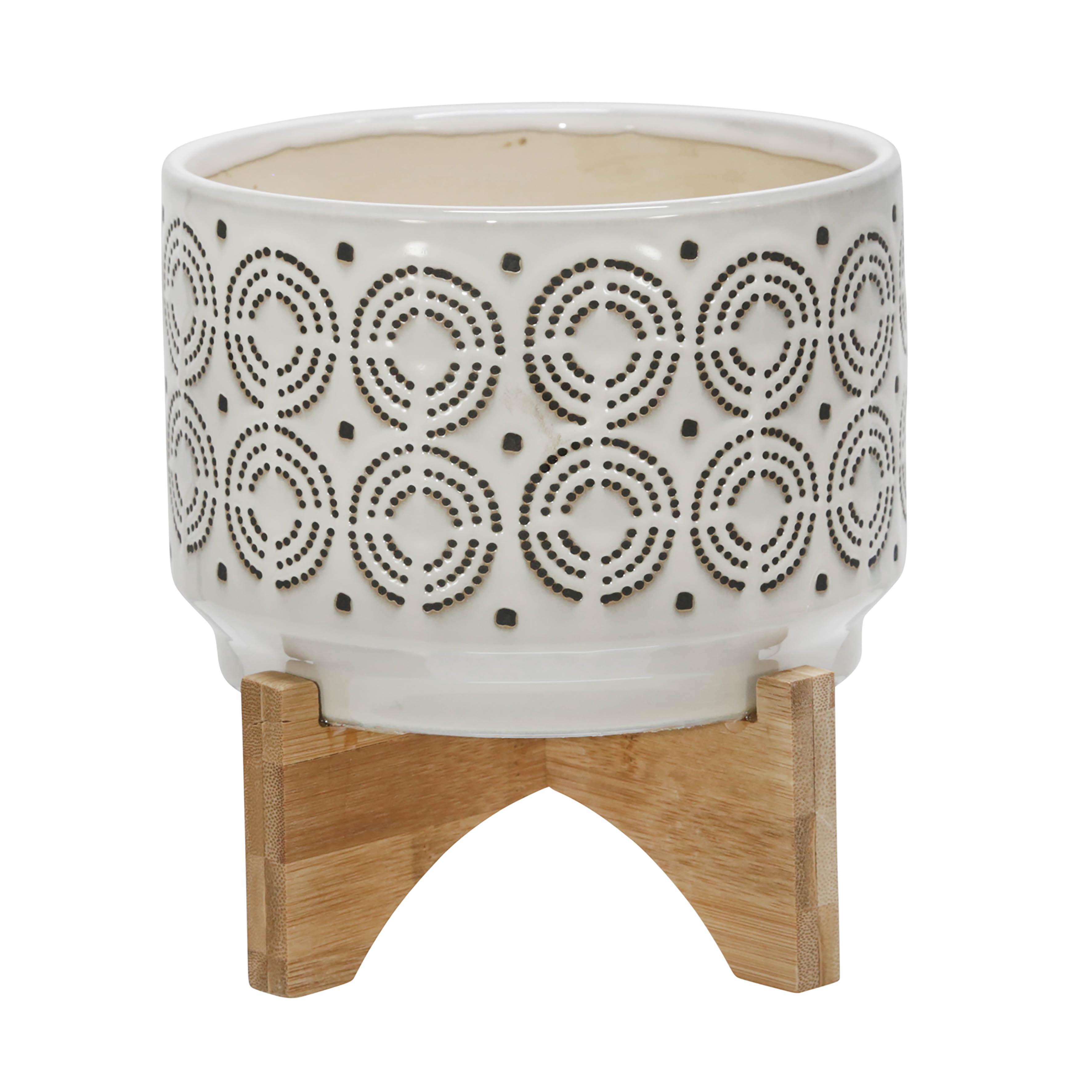Ivory Swirl Ceramic Planter on Stand, 7"x8" - Contemporary Outdoor Accent