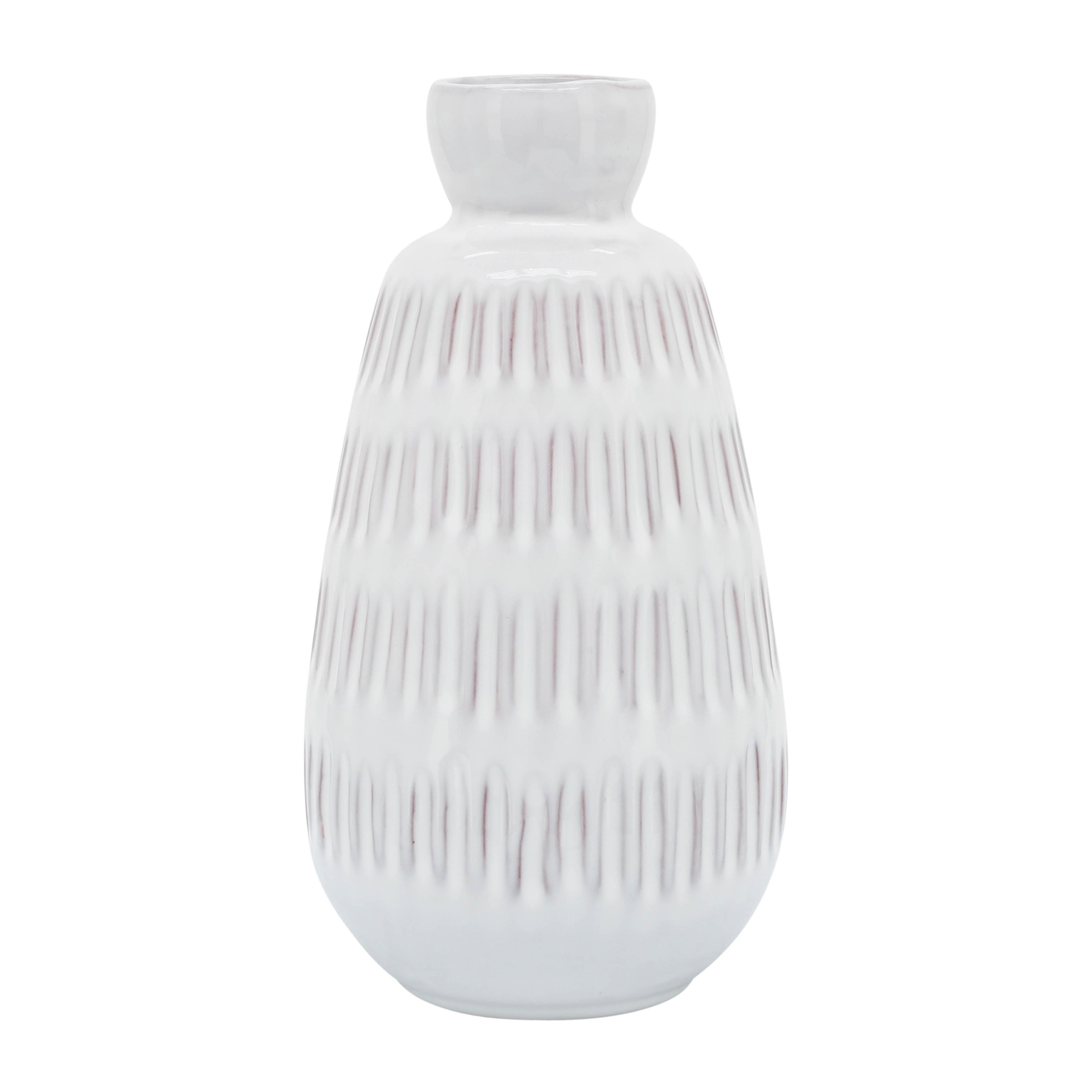 Sagebrook Home 8"Hx4" Diameter, Ceramic Dimpled Vase, White Finish, Decorative Details and Classic Shaped Vase for Accenting Tables and Decor For Any