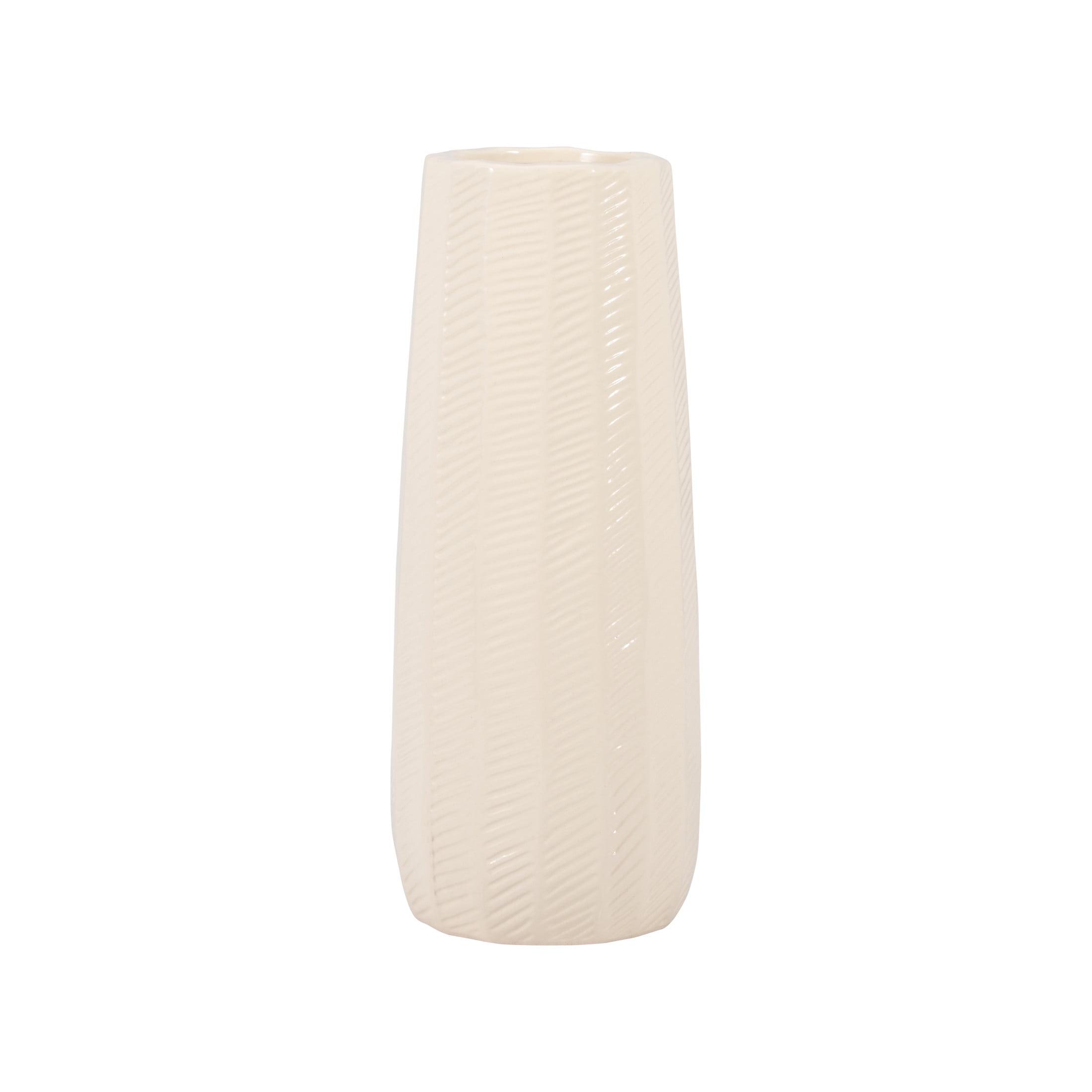 Ivory and Beige Ceramic Etched Cylinder Vase, 12"