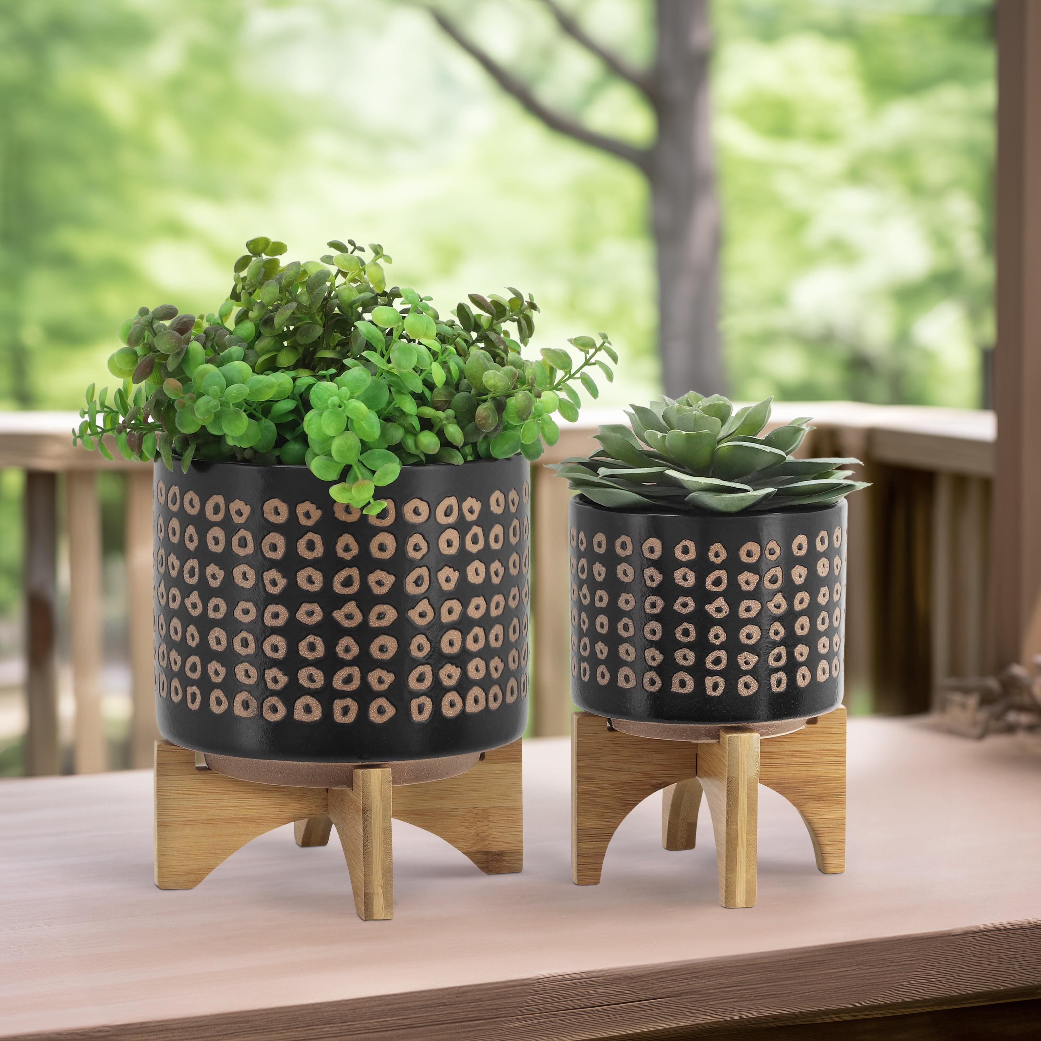 Sagebrook Home 10" Wide 2pc Ceramic Planter Pots on Stand Brown: No Drainage, Indoor Use, Freestanding