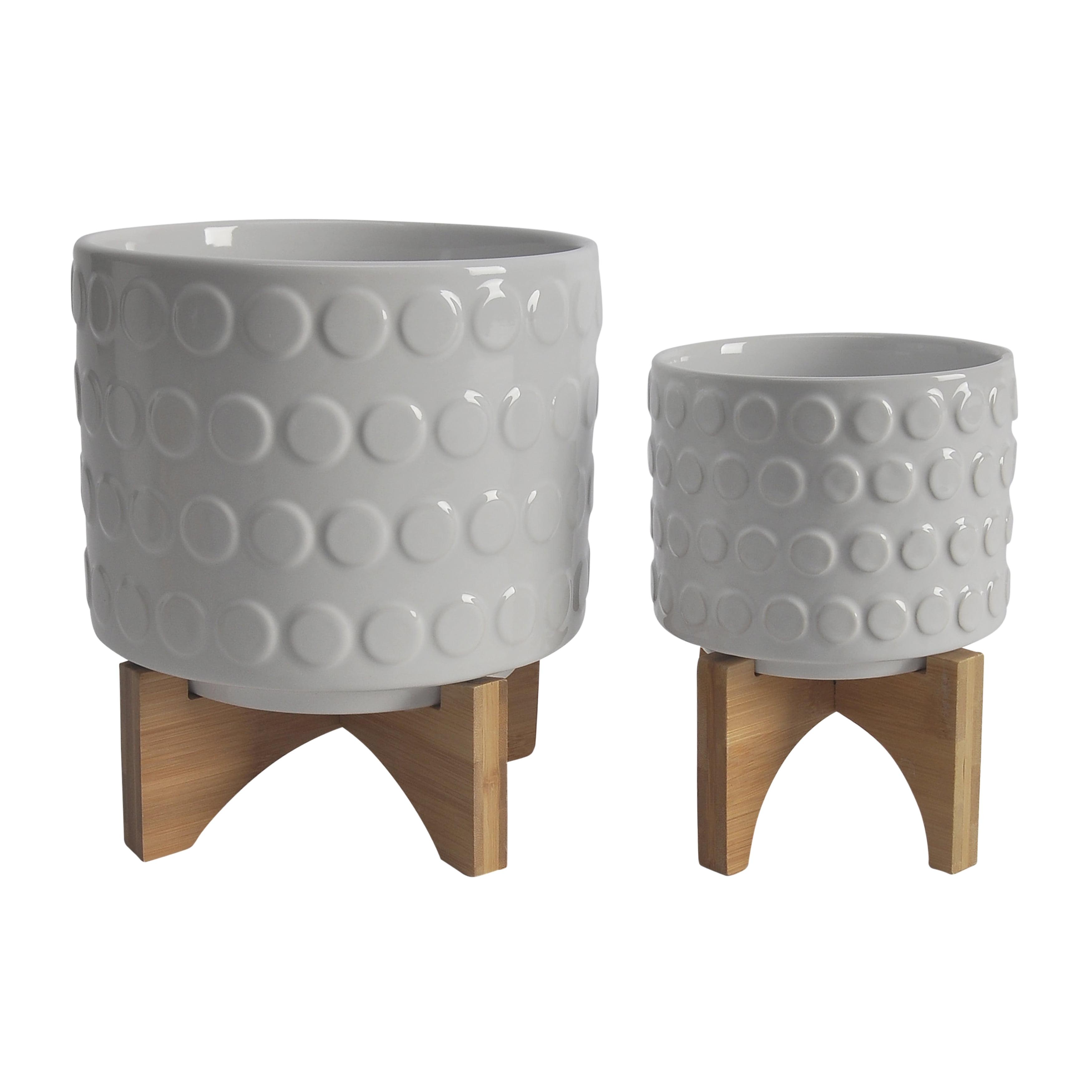 Contemporary White Ceramic Planter Set on Bamboo Stand, 8"x11"