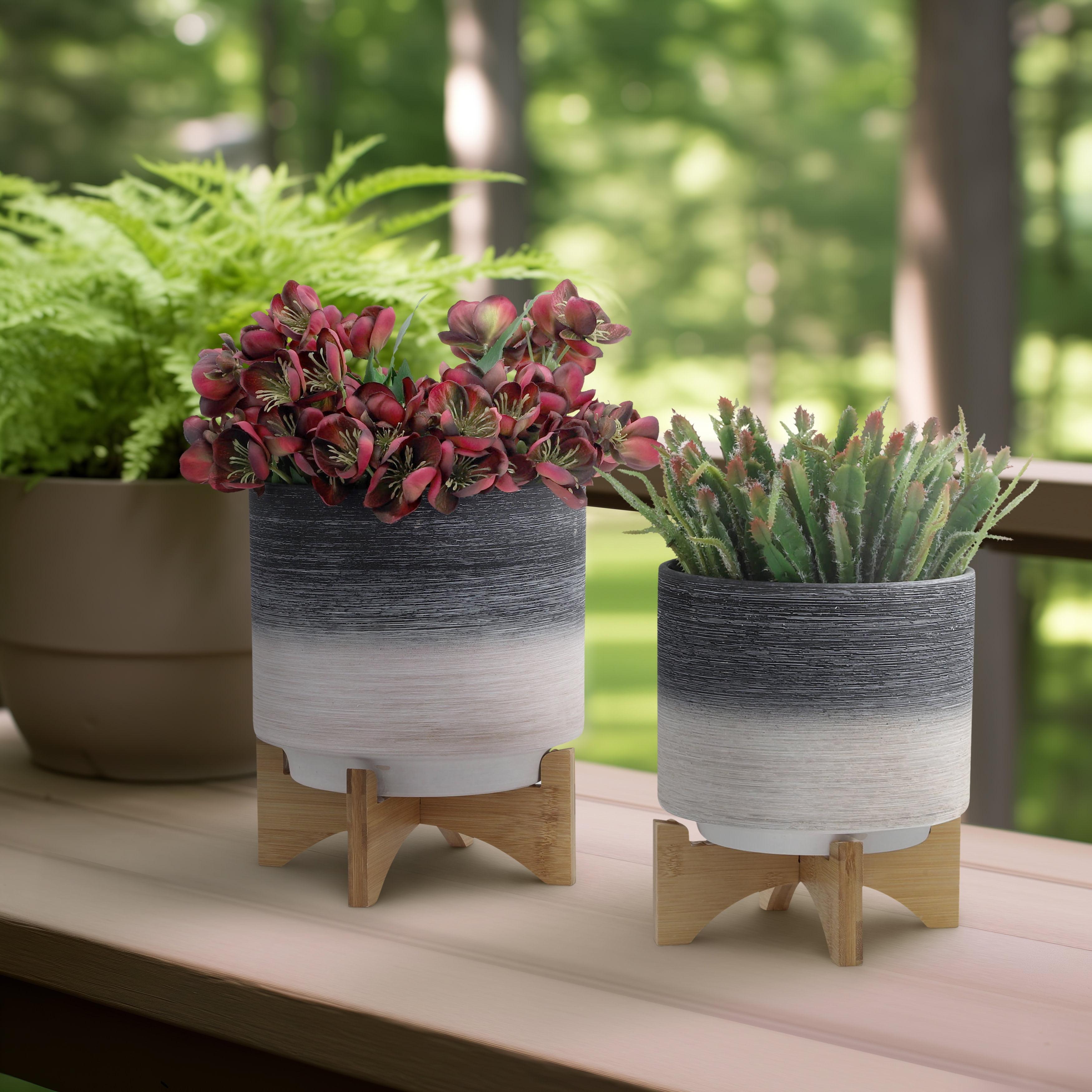 Contemporary Gray Ceramic Planters on Wooden Stand, Set of 2