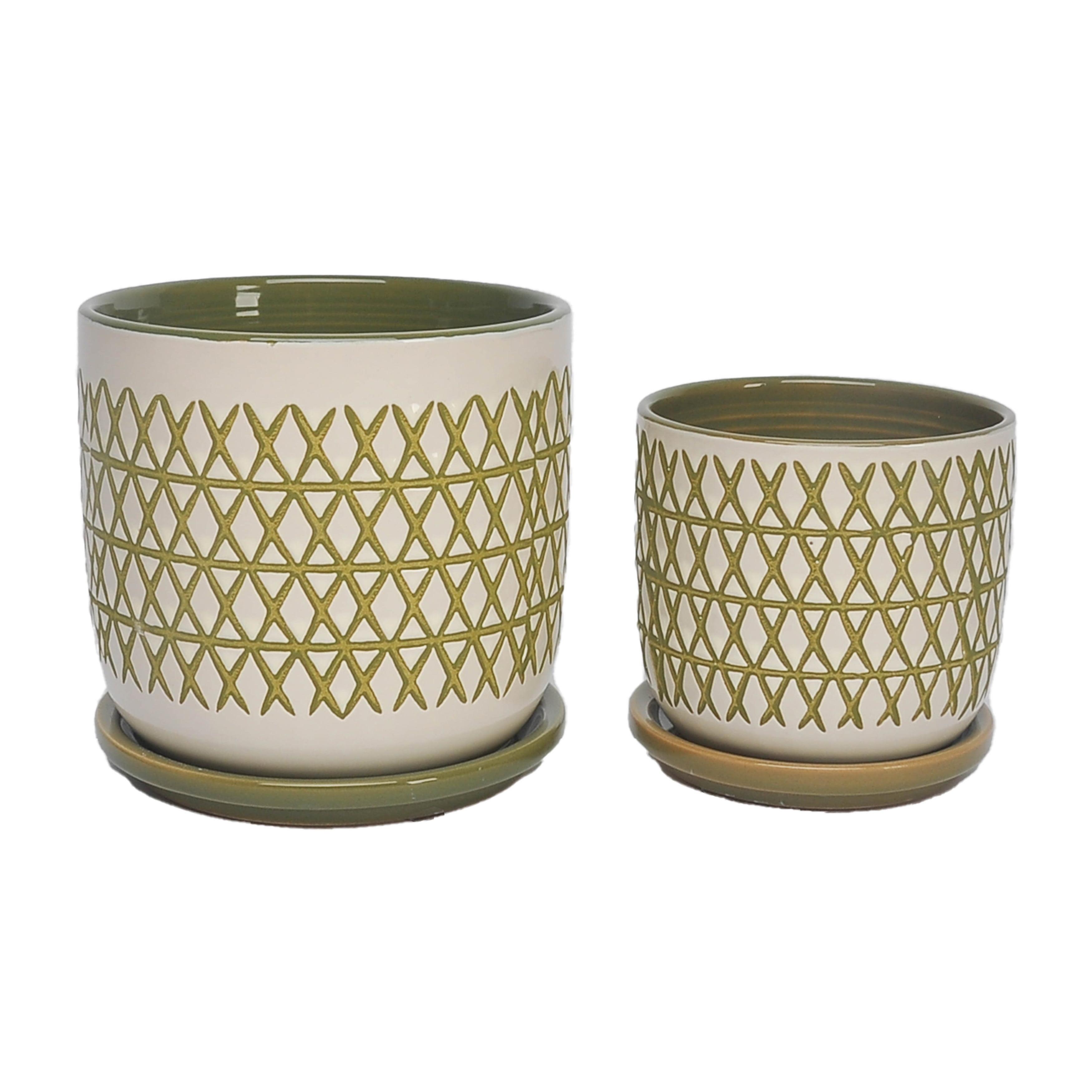 Olive Criss Cross Ceramic Planters with Saucers, Set of 2