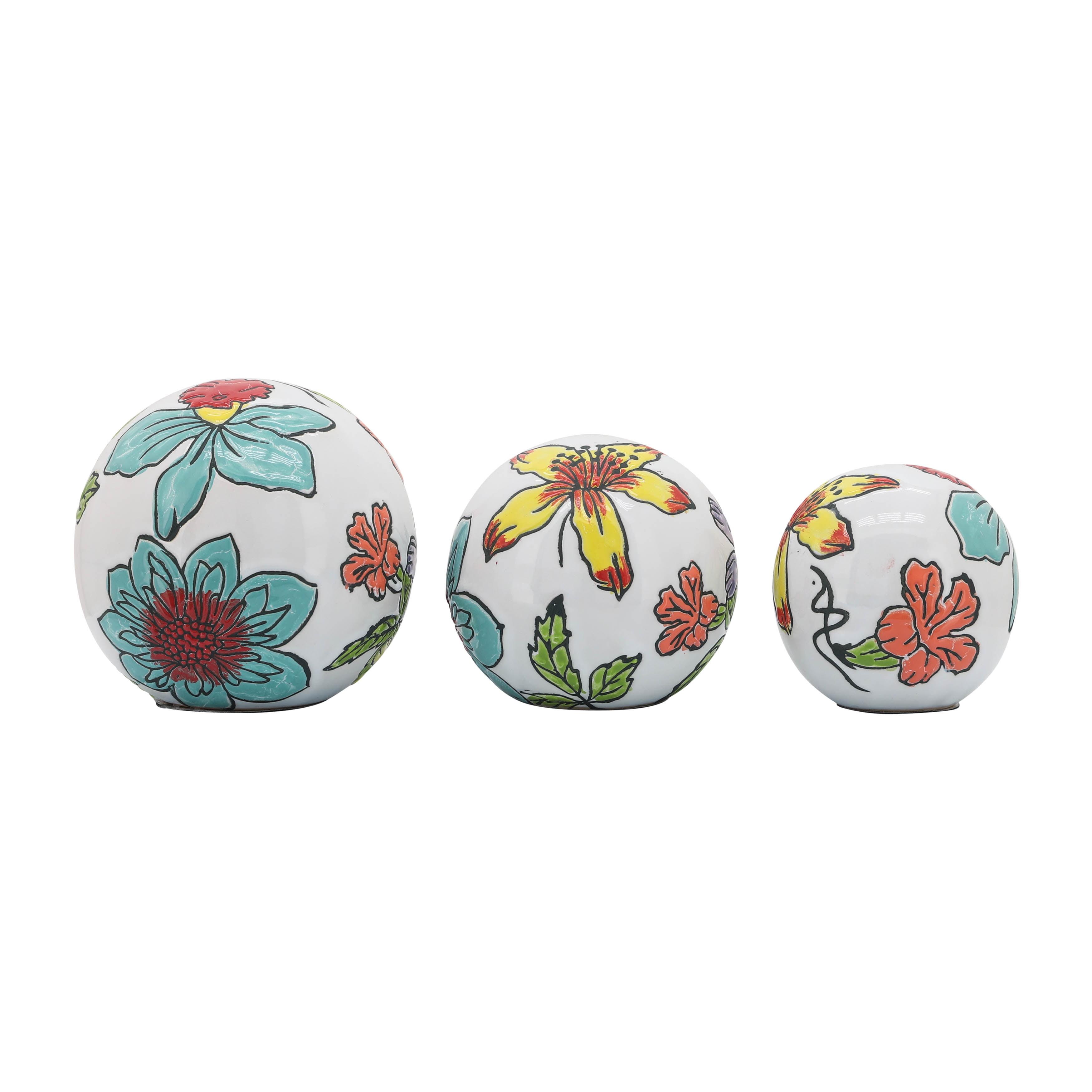 Floral Ceramic Multi-Color Decorative Orbs Set of 3