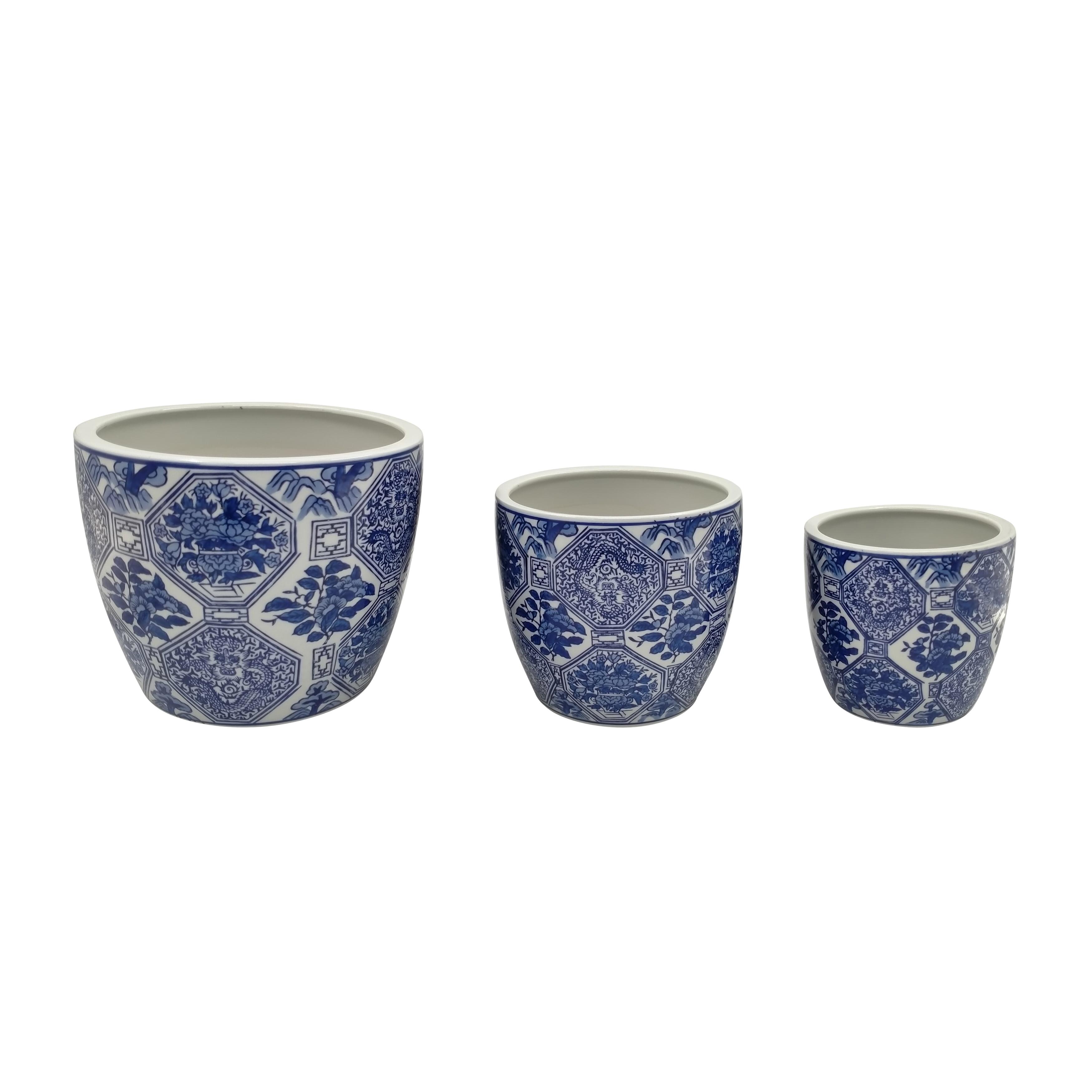 Sagebrook Home 3pc Chinoiserie Ceramic Indoor Outdoor Planter Pots Blue/White: Rust-Resistant, Hand-Painted, No Drainage Holes