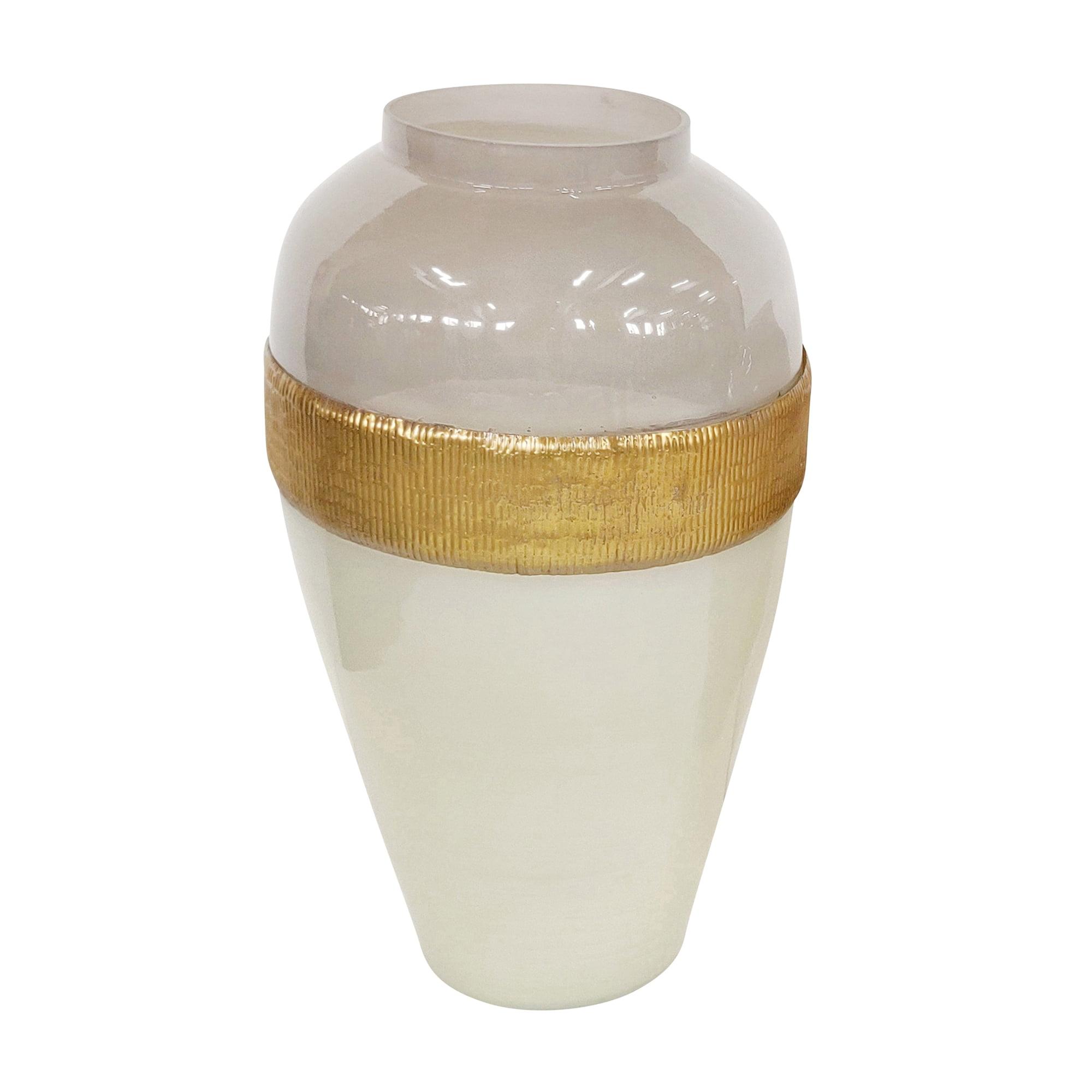 White Glass Vase with Brass Band, 21"