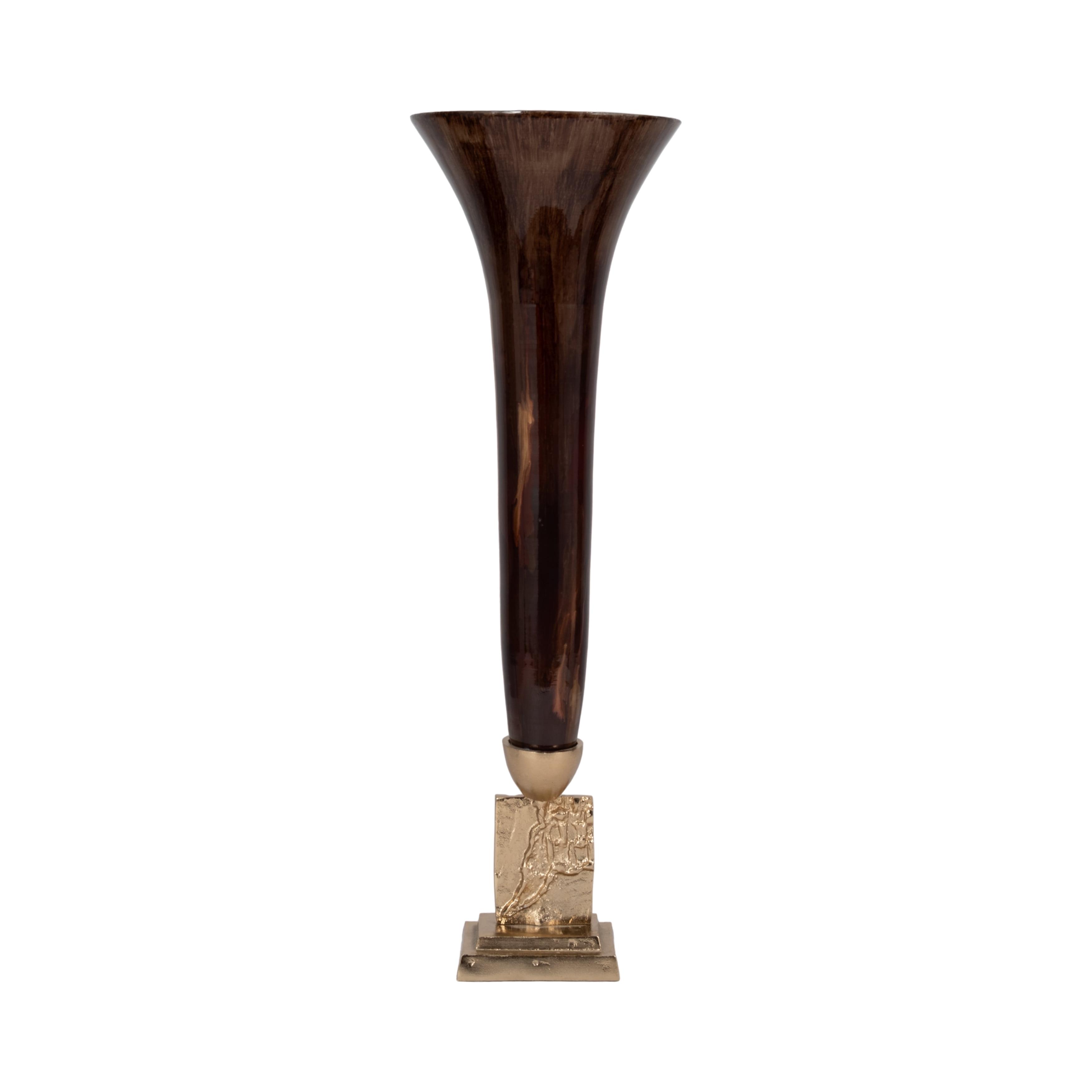 Elegant Bronze and Glass Trumpet Vase, 26" Tall