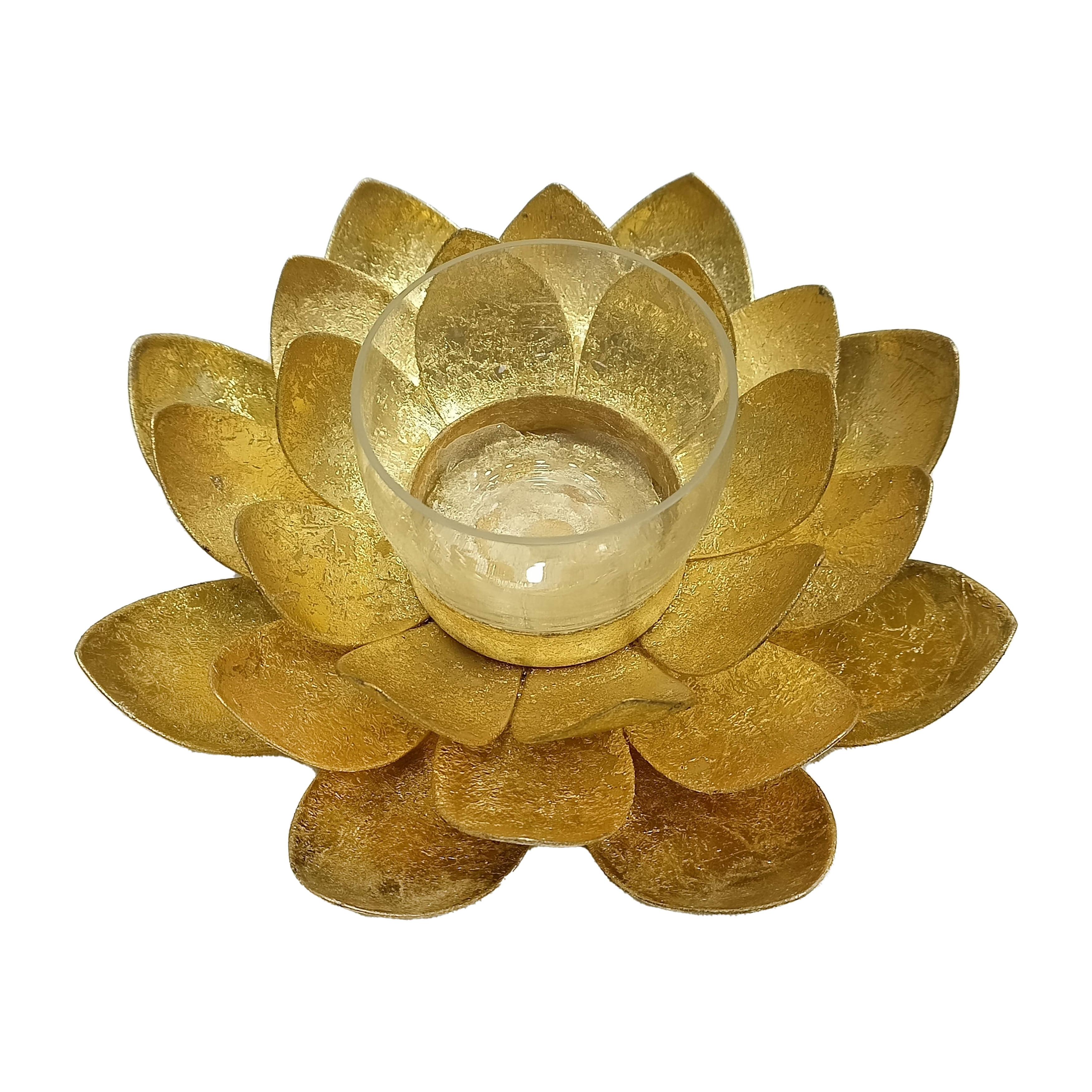 Sagebrook Home 8" Lotus Candle Holder - Contemporary Gold Metal Decorative Votive Candle Holder for Home or Event Decor - Decorative Lotus Candle