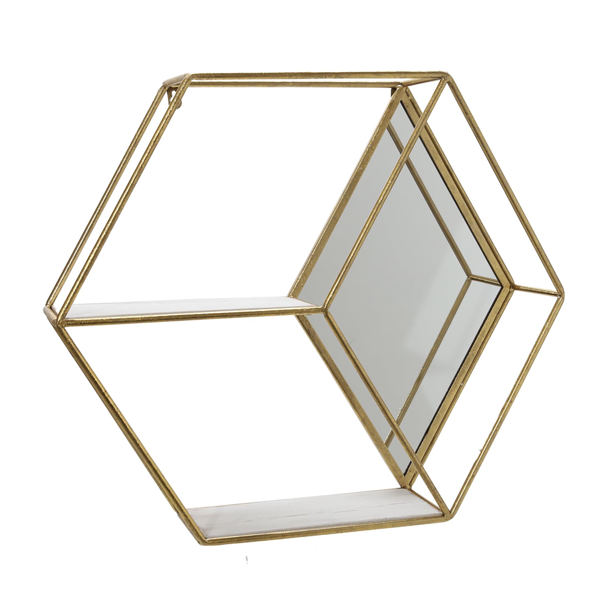 Elegant Gold Hexagon Floating Wall Shelf with Mirror