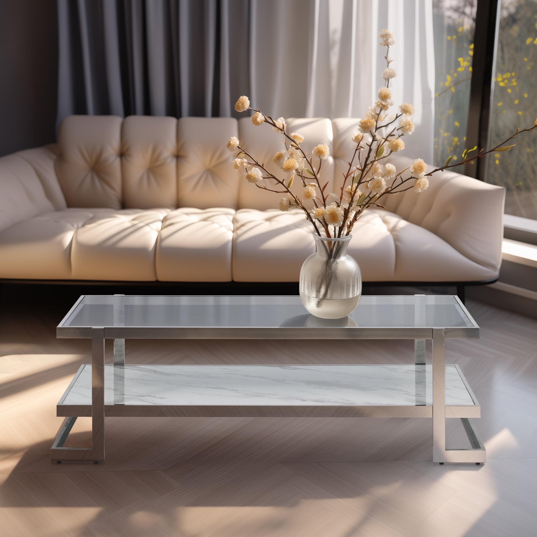 Silver and White Rectangular Marble Glass Coffee Table