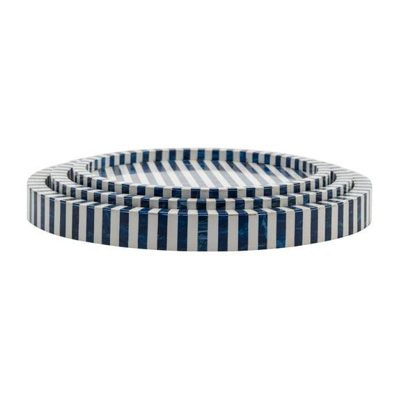 Sagebrook Home Resin, Set Of 3 12/14/16" Round Trays Blue, Round, 2.5"H, Striped - 16.0" x 16.0" x 2.5"