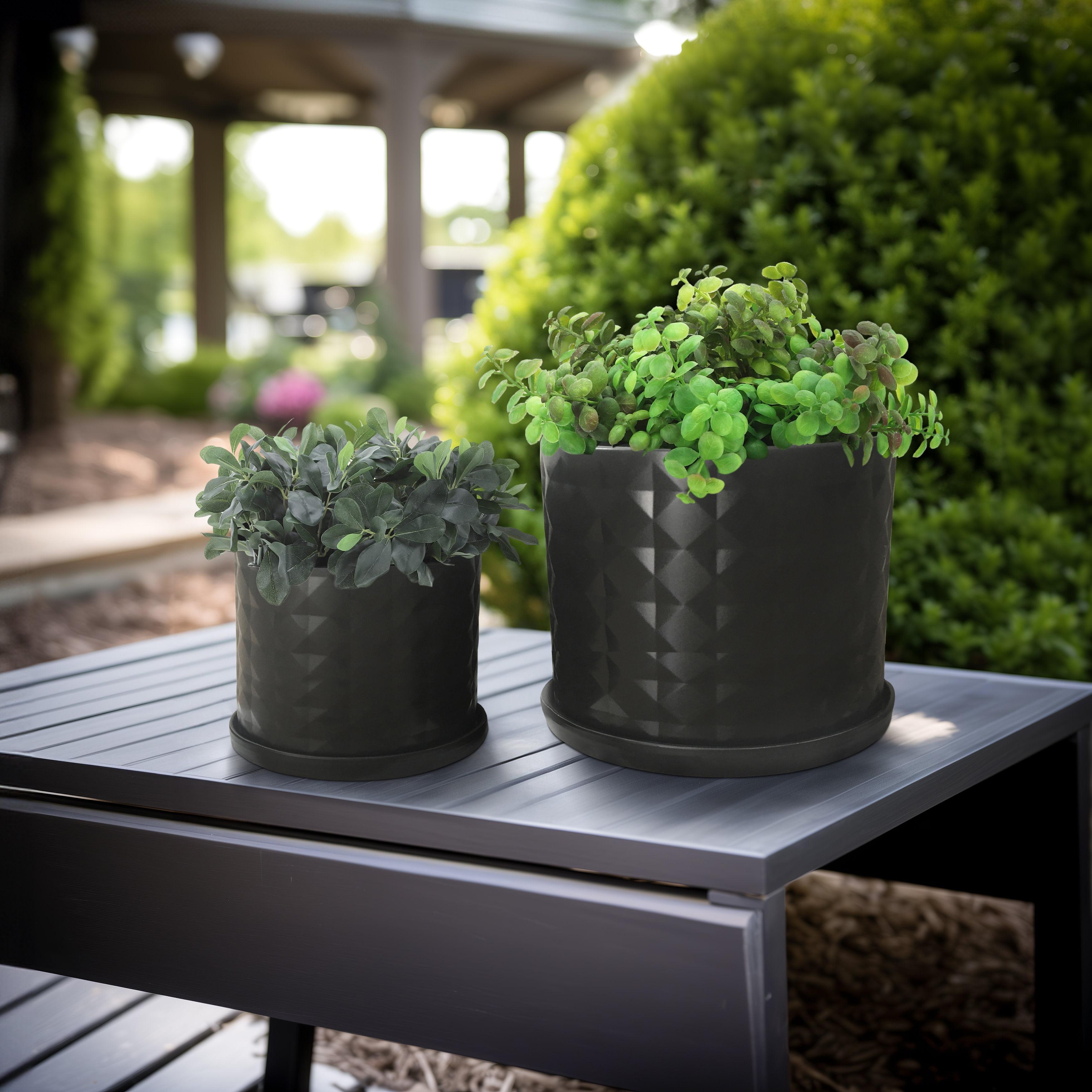 Black Ceramic Diamond Pattern Planter Set with Saucers