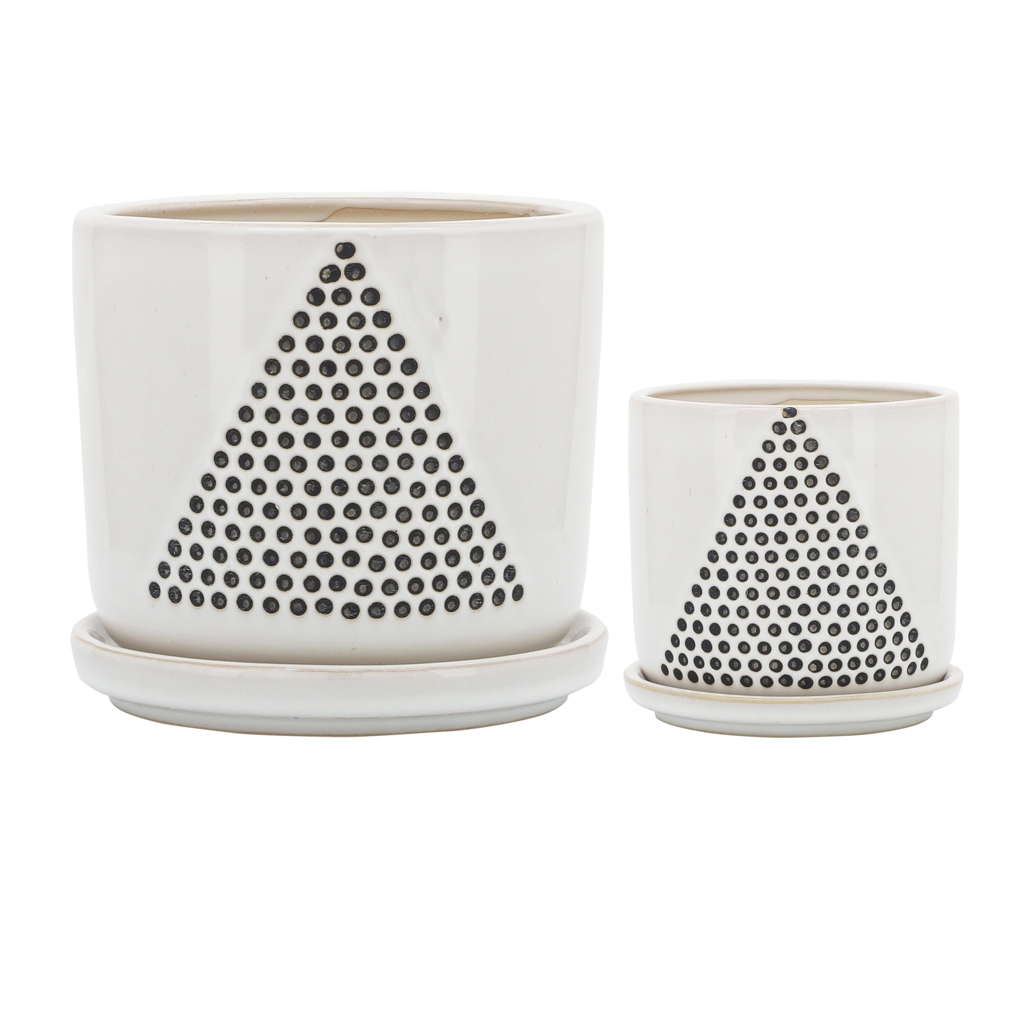 Sagebrook Home 6" Wide 2pc Triangle Dots Ceramic Planter Pots with Saucers White