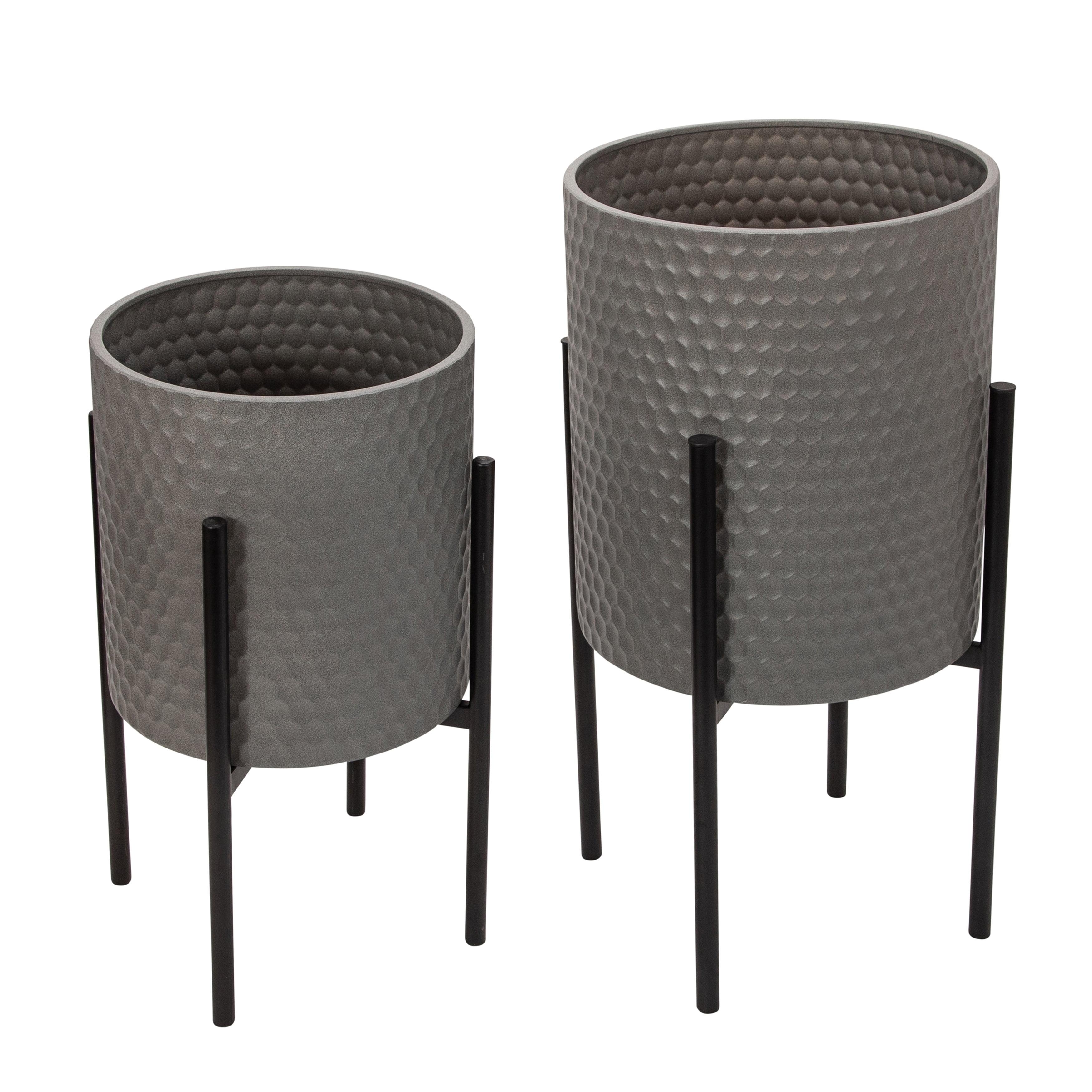 Sagebrook Home Set Of 2 Honeycomb Planter On Metal Stand, Gray/Black, Round, Iron, Contemporary, 23"H, Hexagon