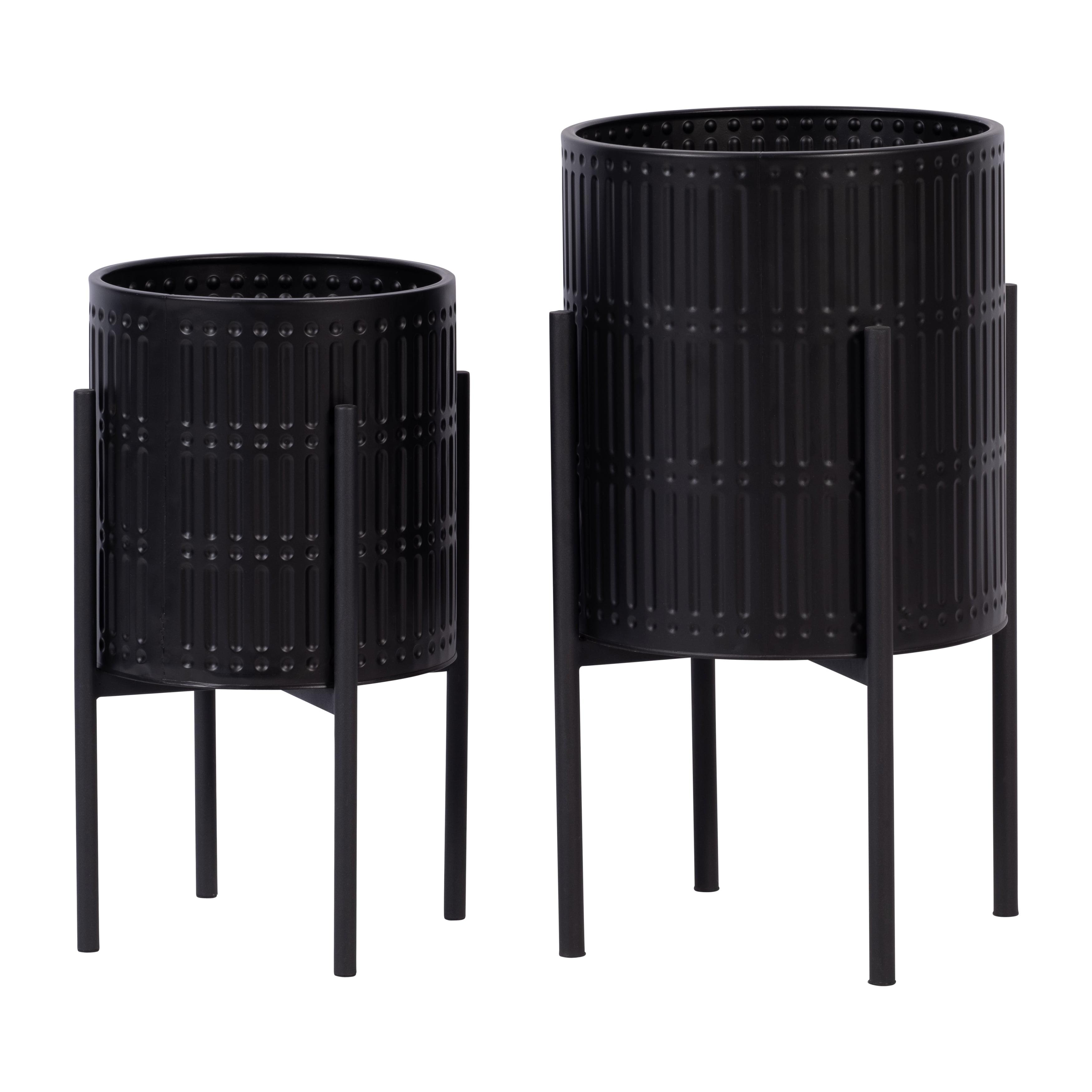 Sagebrook Home Set Of 2 Ridged Planters In Metal Stand, Black, Round, Iron, Contemporary, 23"H, Ridges