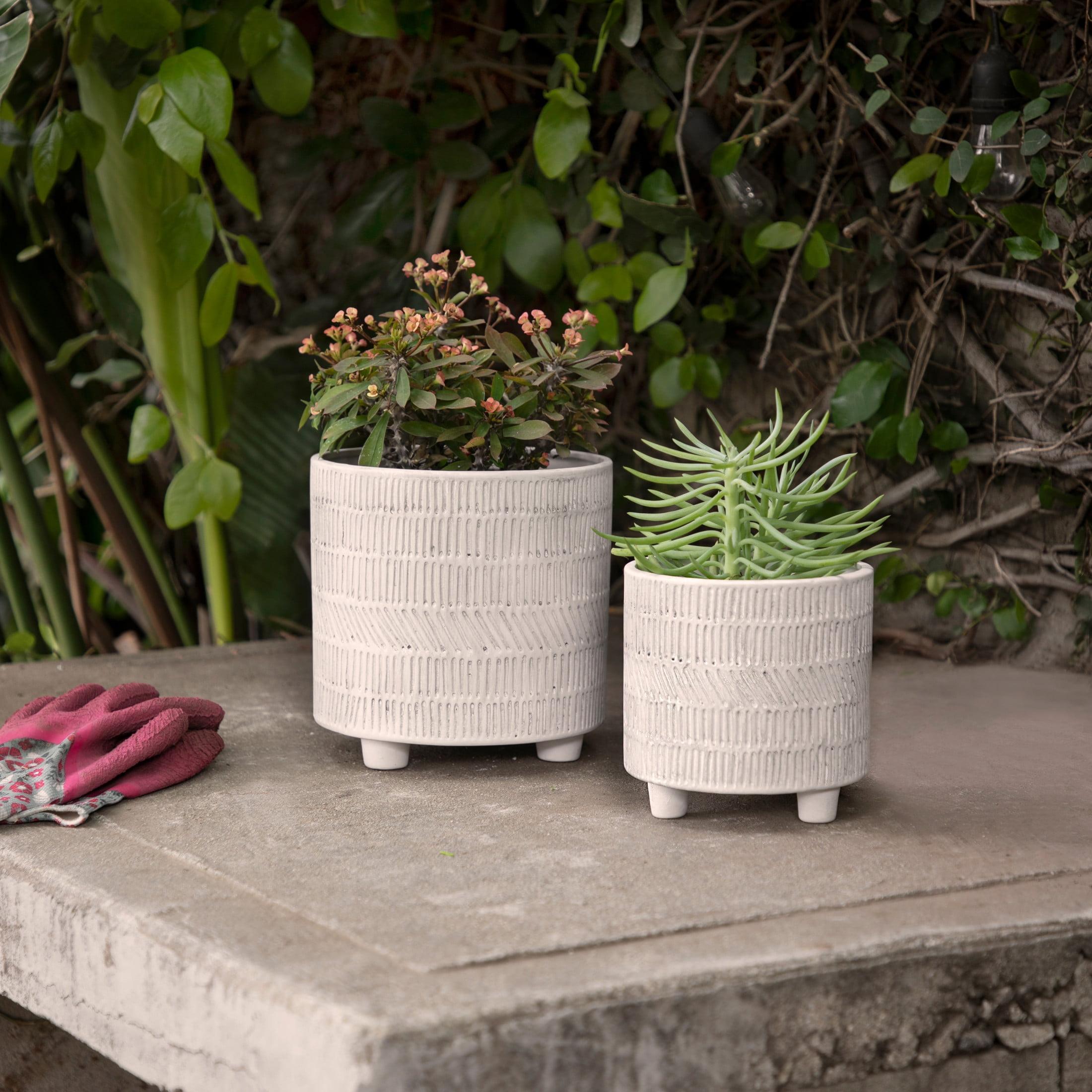 Ivory Geometric Ceramic Footed Planter Set of 2