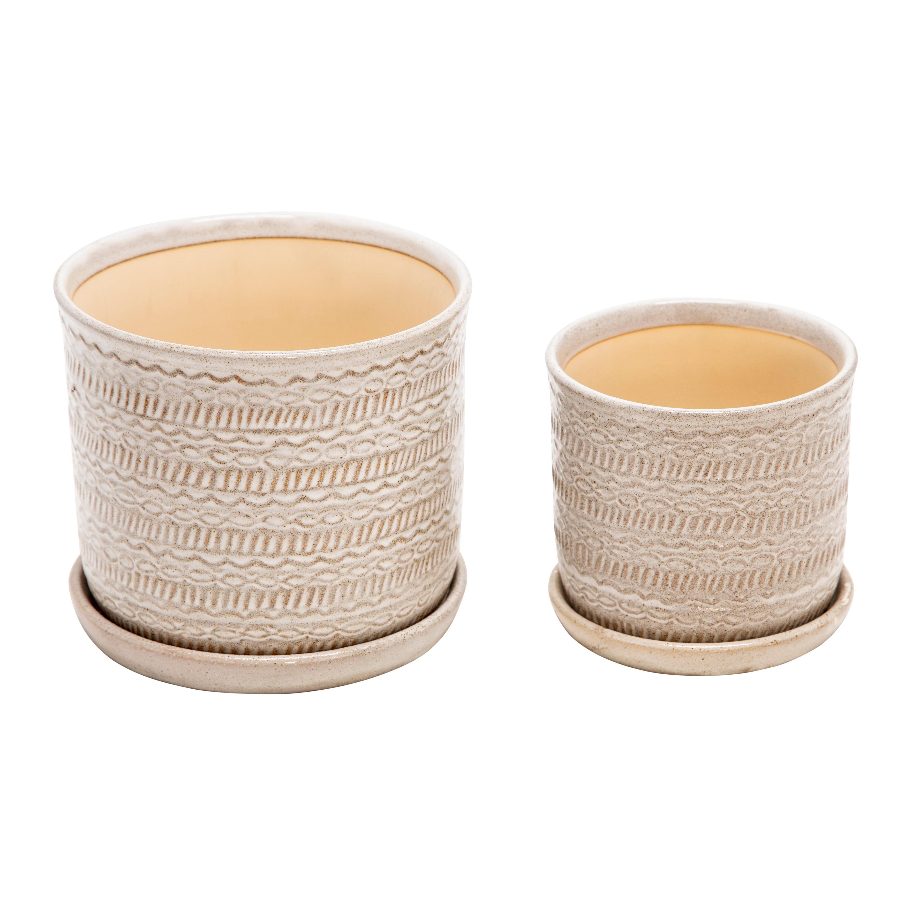 Ivory Beige Ceramic Tribal Planter Set with Saucers