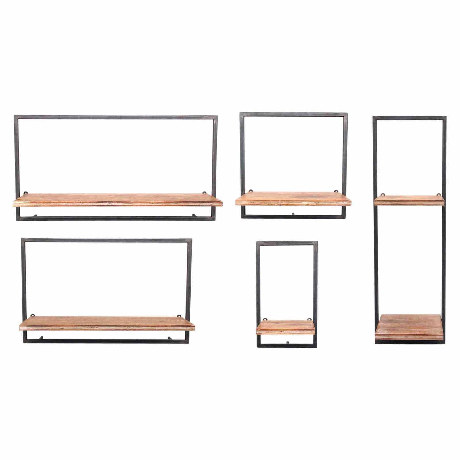 Rustic Iron & Natural Wood 5-Piece Floating Wall Shelf Set