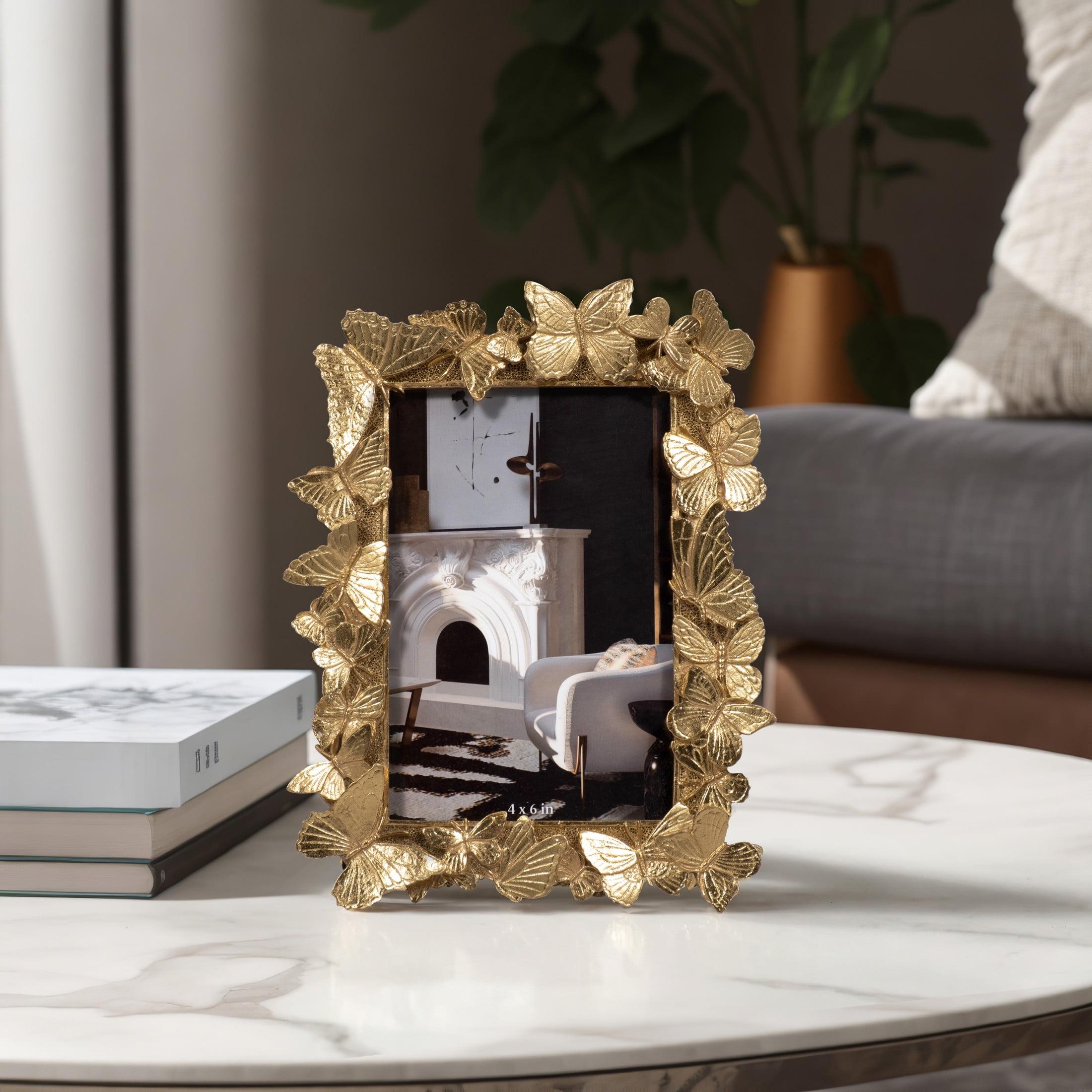 Sagebrook Home Vintage Inspired 4x6 Gold Polyresin and Glass Photo Frame with Butterflies Decor