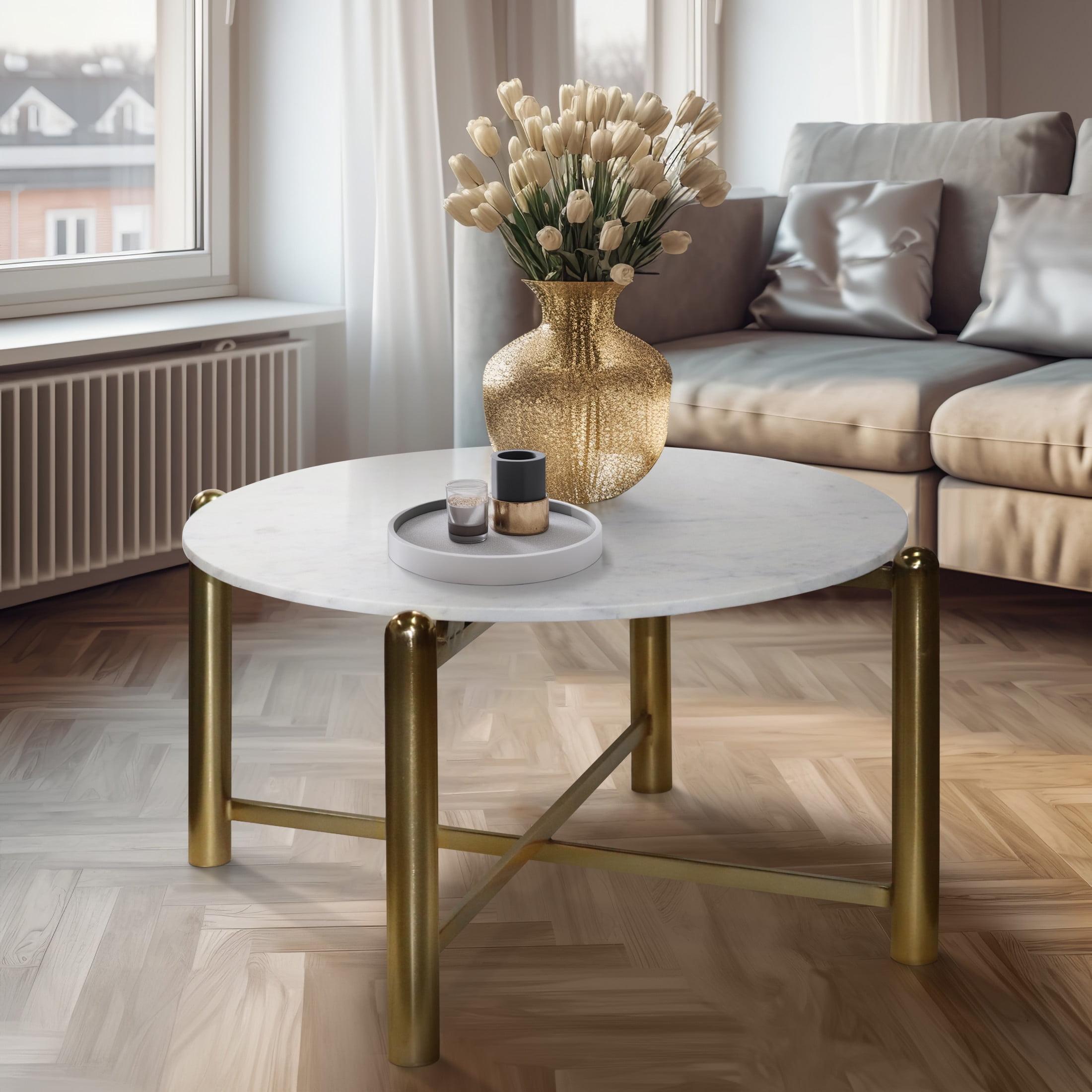 Round Gold Metal Coffee Table with White Marble Top