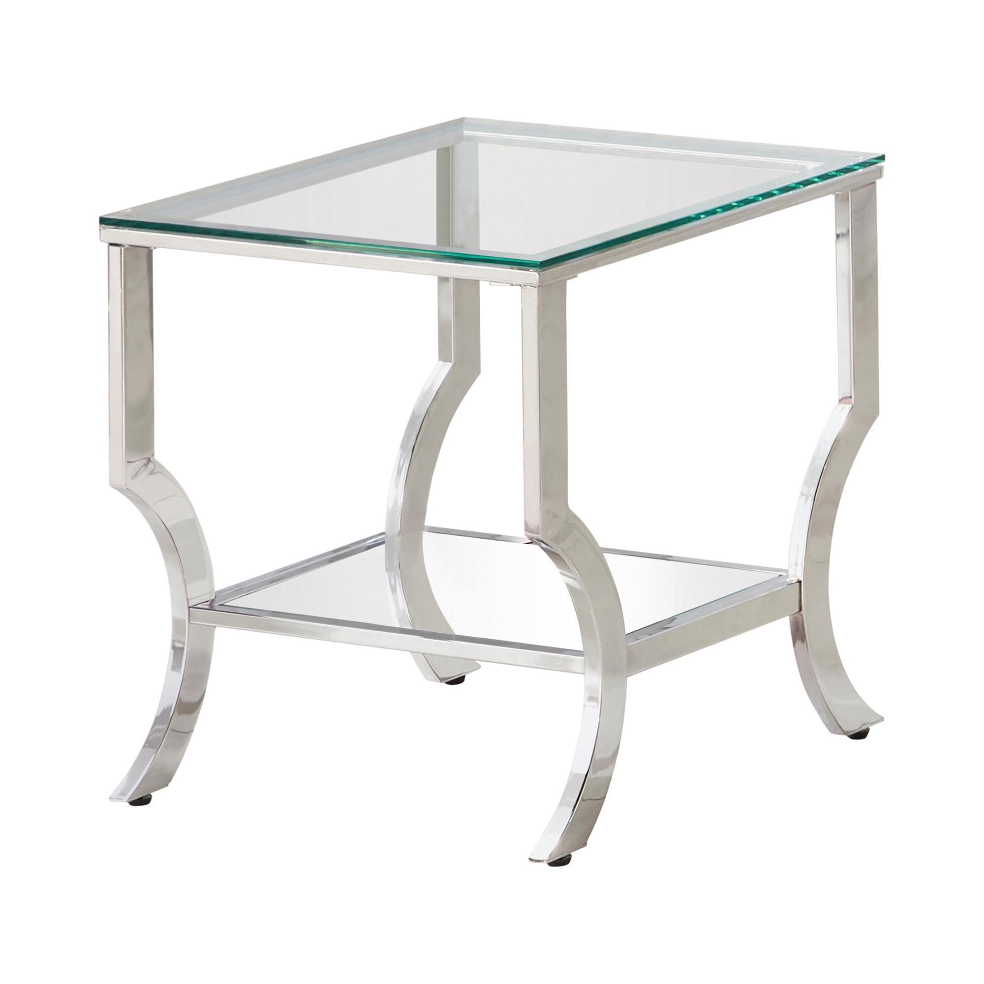 Chrome and Glass Square End Table with Mirrored Shelf