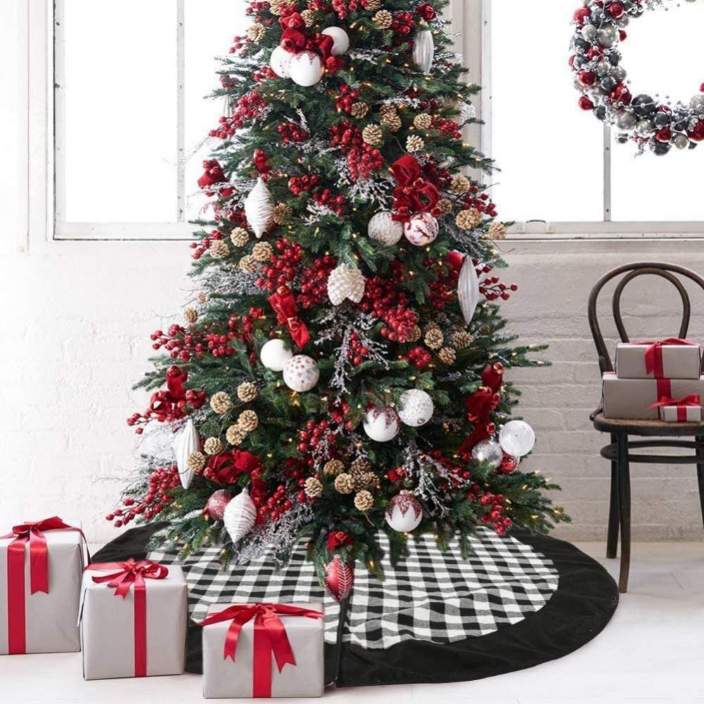 Christmas Tree Skirt 48 inch Large, Double Layer Black and White Plaid Buffalo Slim Checked Tree Mat for Xmas Country Farmhouse Holiday Party Decoration Christmas Ornaments