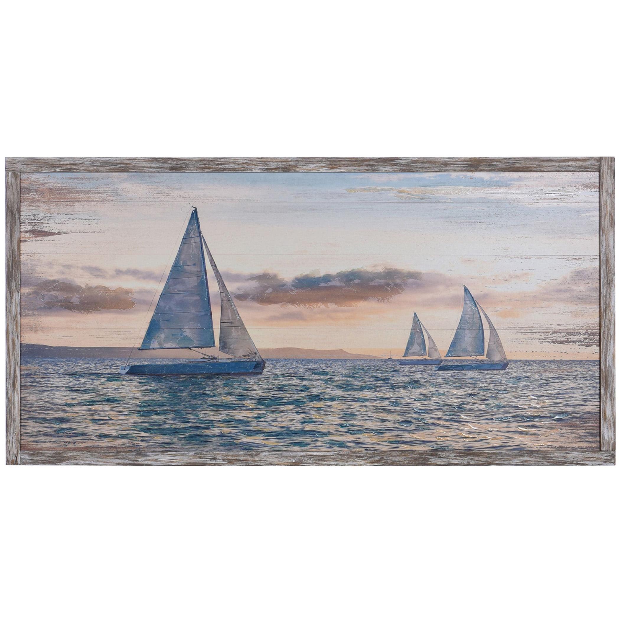 Coastal Sailing Landscape Wood Wall Art with Rustic Frame