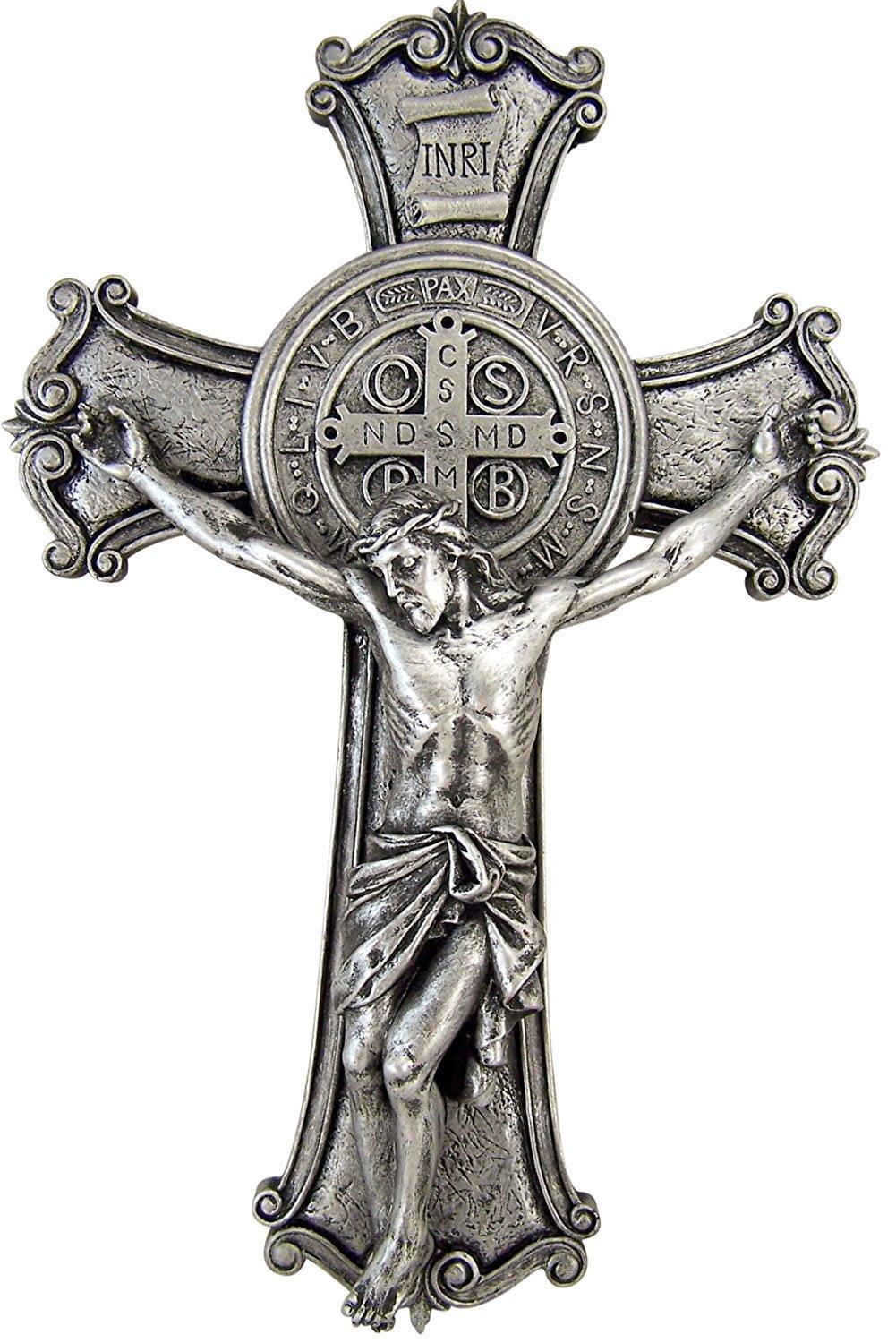 Silver Saint Benedict Wall Crucifix with Medal, 10.25 Inch