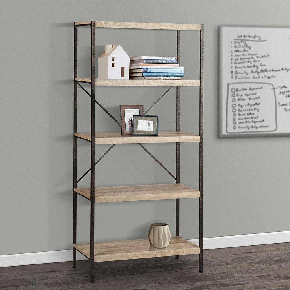 Light Oak and Dark Metal 5-Shelf Bookcase