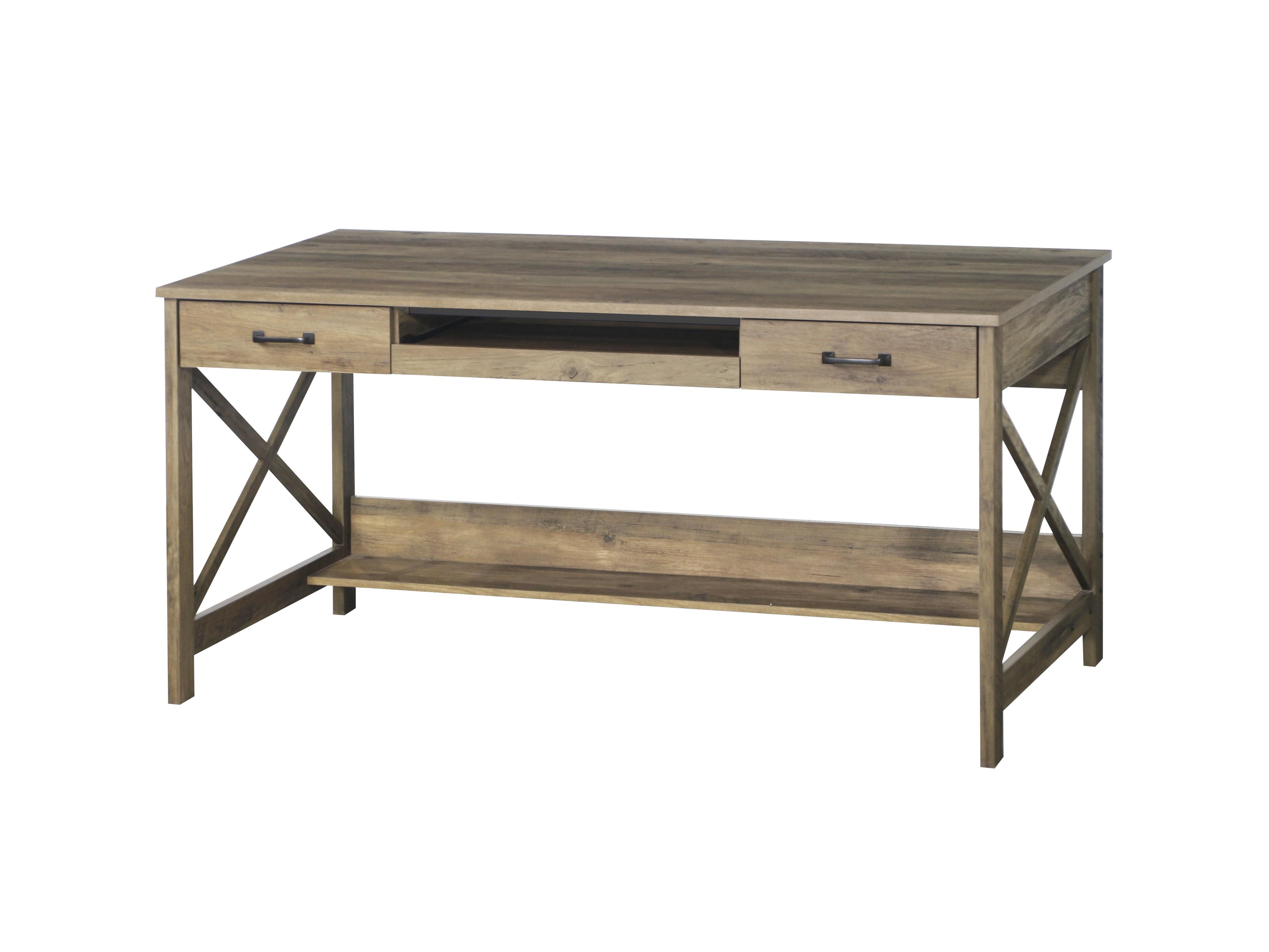 Rustic Oak 59.5" Wood Writing Desk with Drawers and Keyboard Tray