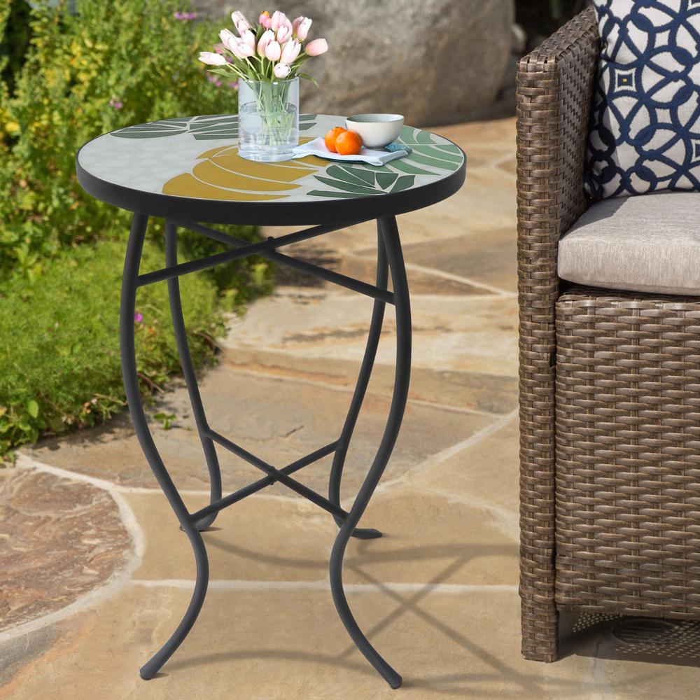 Multi-Color Mosaic Glass and Iron Outdoor Accent Table