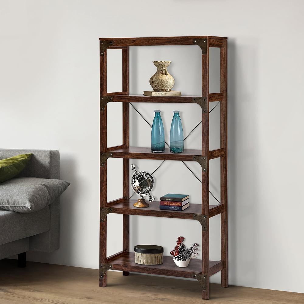 Saint Birch Logan 4-Shelf X-Cross Modern Wood Bookcase, Walnut