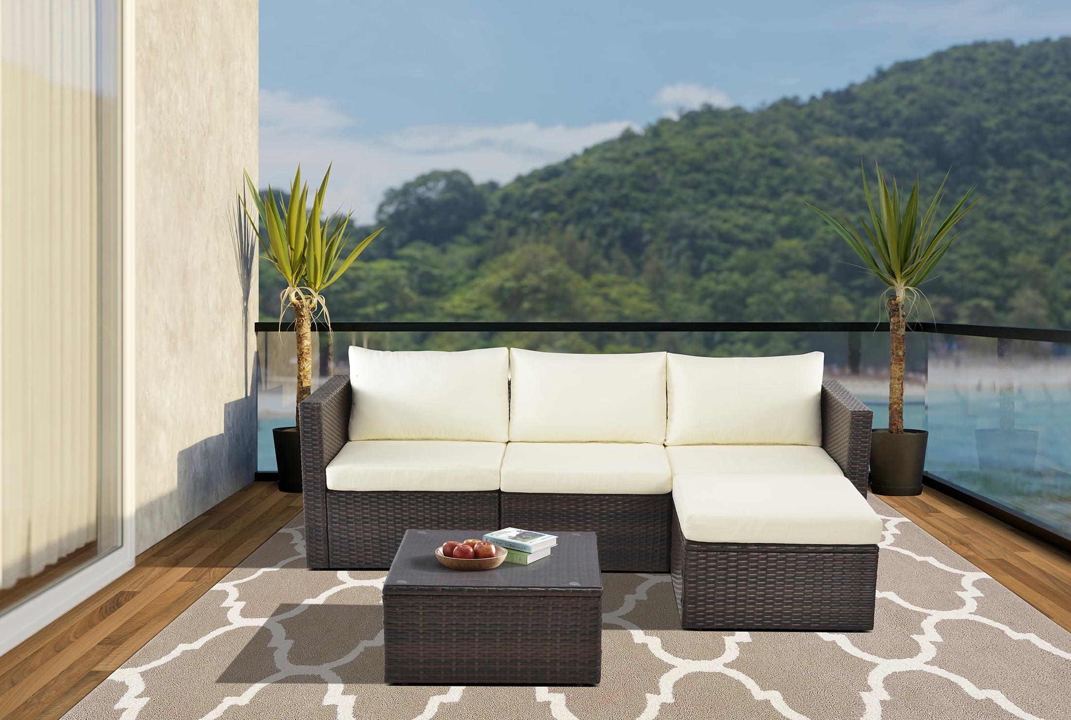 Beige 4-Person Outdoor Wicker Seating Group with Cushions