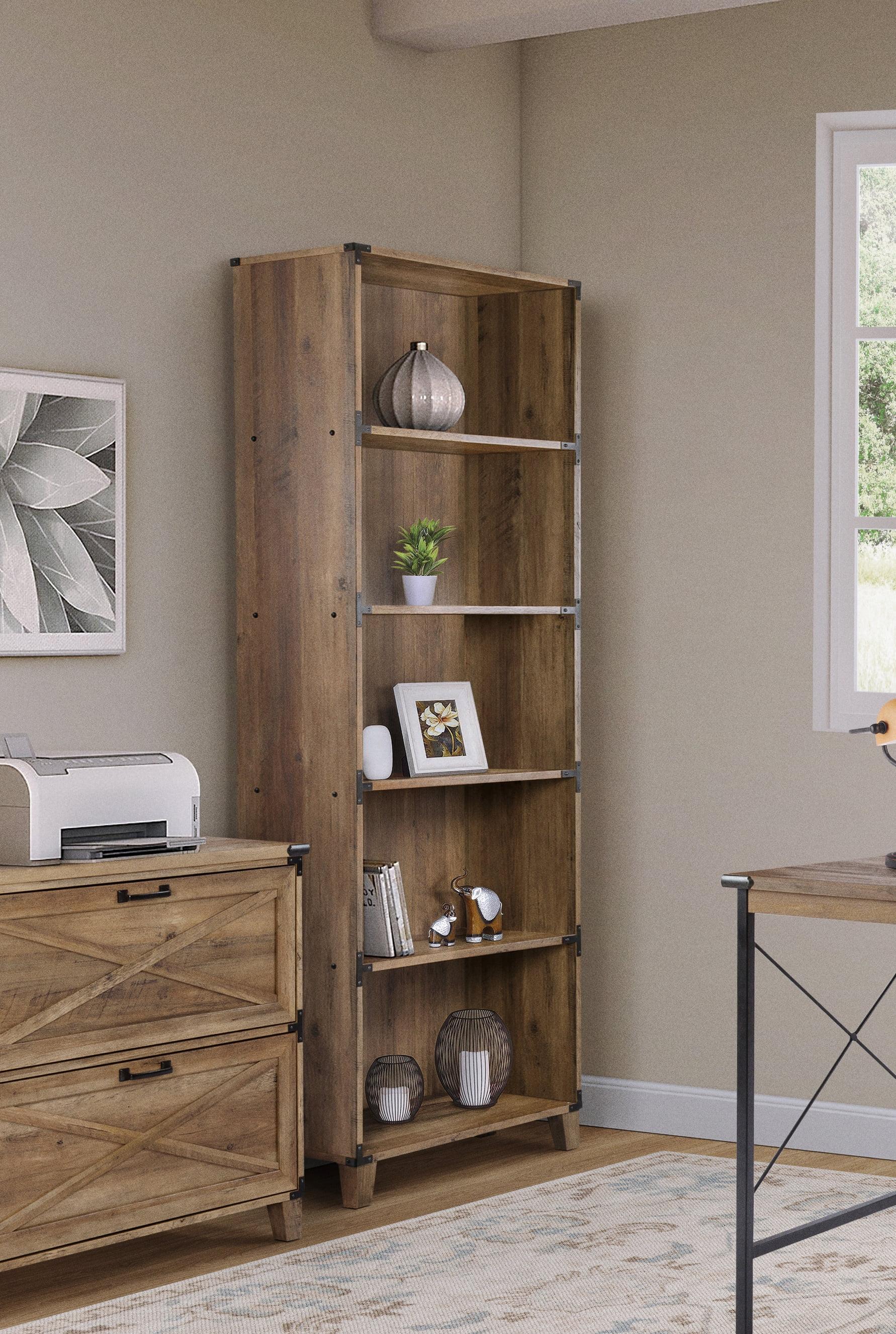 Rustic Oak 5-Shelf Bookcase with Black Metal Brackets