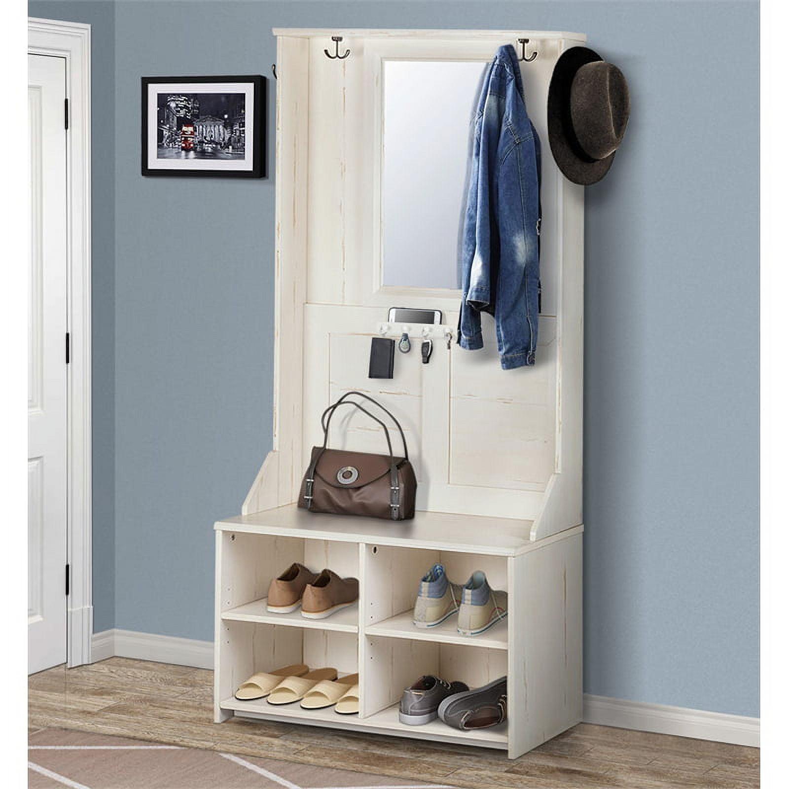 Antique White Wooden Hall Tree with Shoe Bench and Mirror