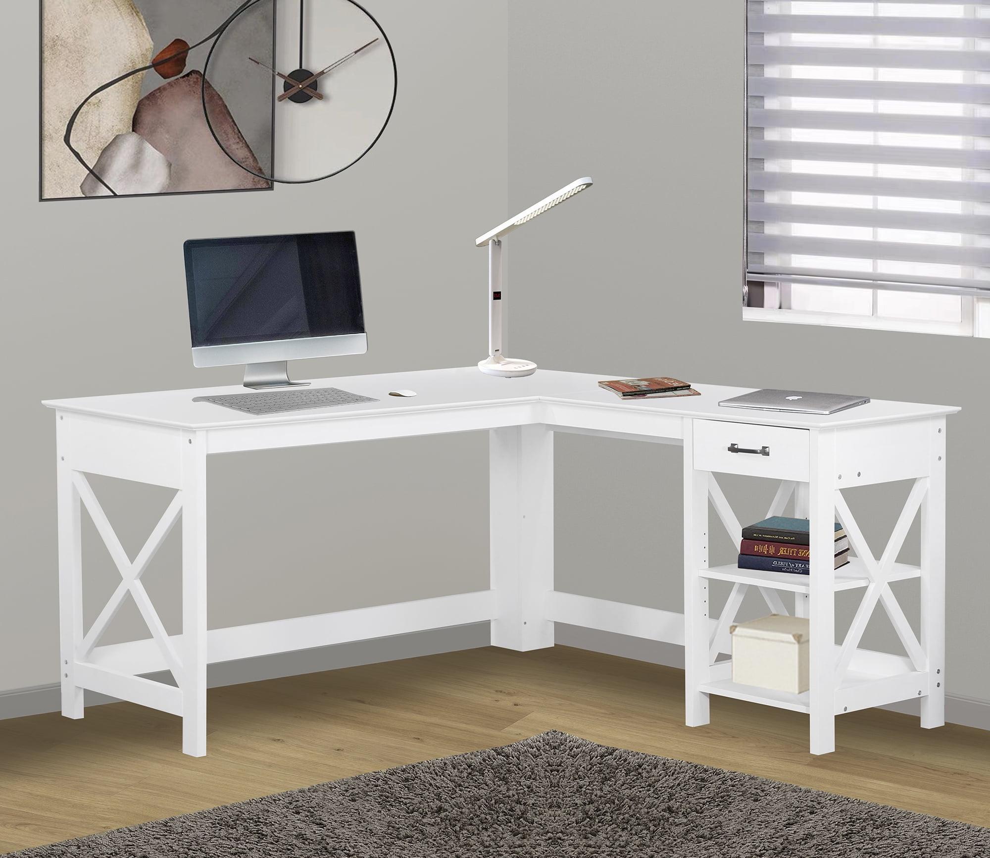 White Wood Corner Writing Desk with Drawer and Filing Cabinet