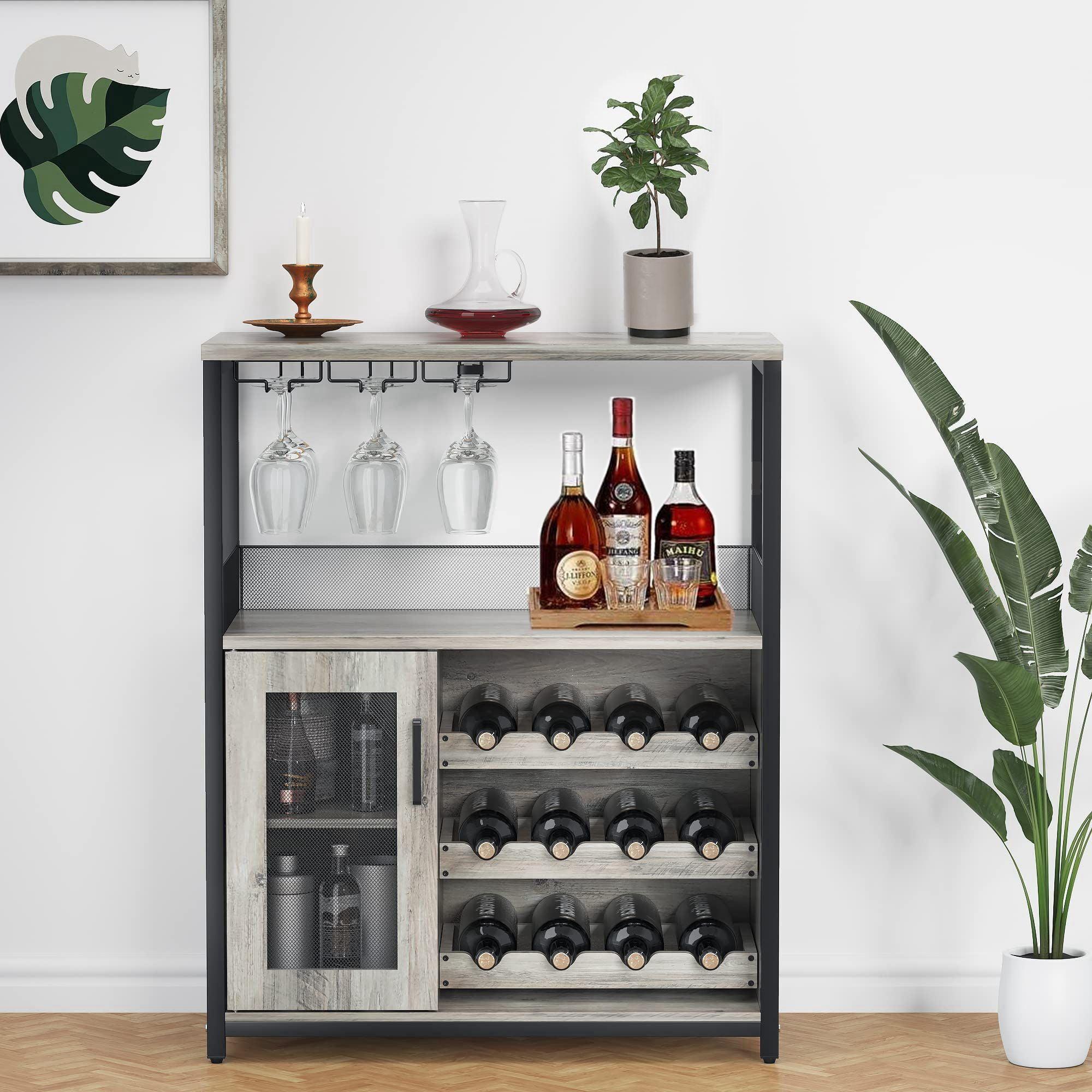 Towallmark Bar Storage Cabinet with Removable Wine Rack, Wine Bar Buffet Cabinet with Storage, Liquor Bar Buffet Sideboard, Gray