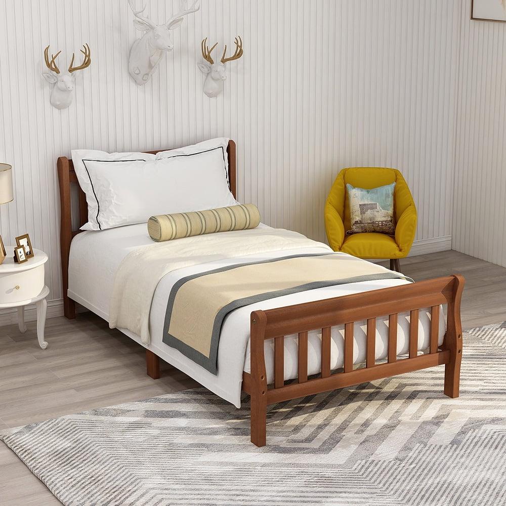 iRerts Twin Wood Platform Bed Frame Panel Bed Mattress Foundation Sleigh Bed with Headboard and Footboard, Oak