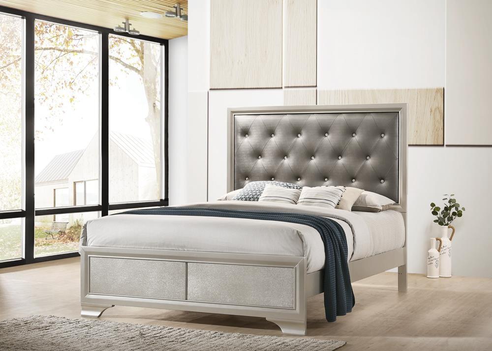 King Silver Faux Leather Upholstered Bed with Tufted Headboard